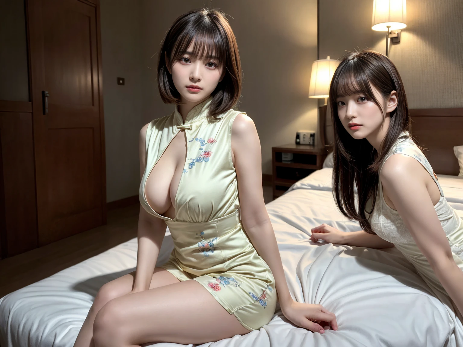 masterpiece, best quality, illustration, Super detailed, fine details, High resolution, 8K,wall paper, perfect dynamic composition,(Details High quality, realistic depiction of eyes:1.3), (3 girls), (qipao dress, chinese clothes), sitting, open legs, short bob hair, in a hotel room in the background, deep on field, large breasts, black hair color, Big Natural Color Lip, (perfect body shape), crying a little、Harajuku style、20 year old girl、cute type、beautiful legs, Gravure Idol