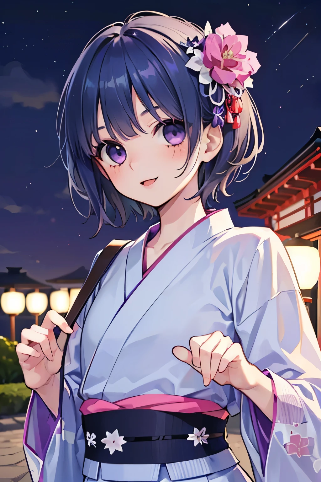 ((beautiful young men's:1.3)),(Small breasts 1.0),((dark blue  hair:1.2)),(short hair:1.1),(purple eyes:1.2),(PRİNCESS:1.1),((White lace,yukata:1.2)),open your mouth,smile,(Japanese festival:1.25),(Night:1.2),close-up Face.