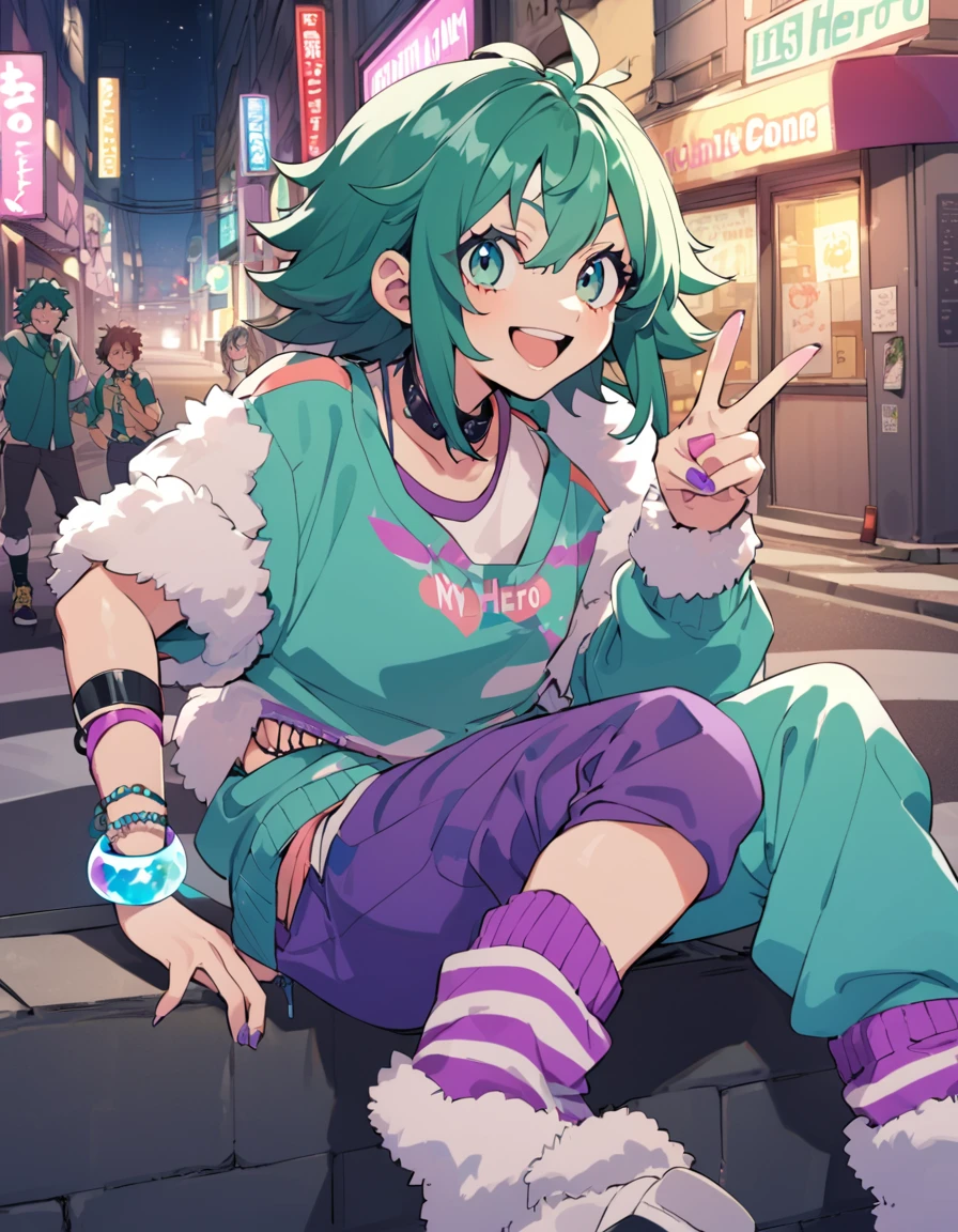 izuku midoriya(my hero academia), teens, fluffy shoulder-length dark-green hair, purple eyeshadow, pink lipstick, purple nail polish, leg warmers, bracelet, scrunchie on wrist, peace sign, street corner, night