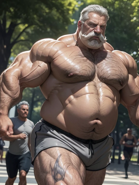 Hyperrealistic image of a very old and very sweaty superhero, gray-haired bodybuilder over 80 years old, very muscular and fat, more than 200 kilos with a naked torso. big flabby pecs huge brown nipples and big gray mustaches with huge tattooed arms running through central park in new york wearing a lycra shorts