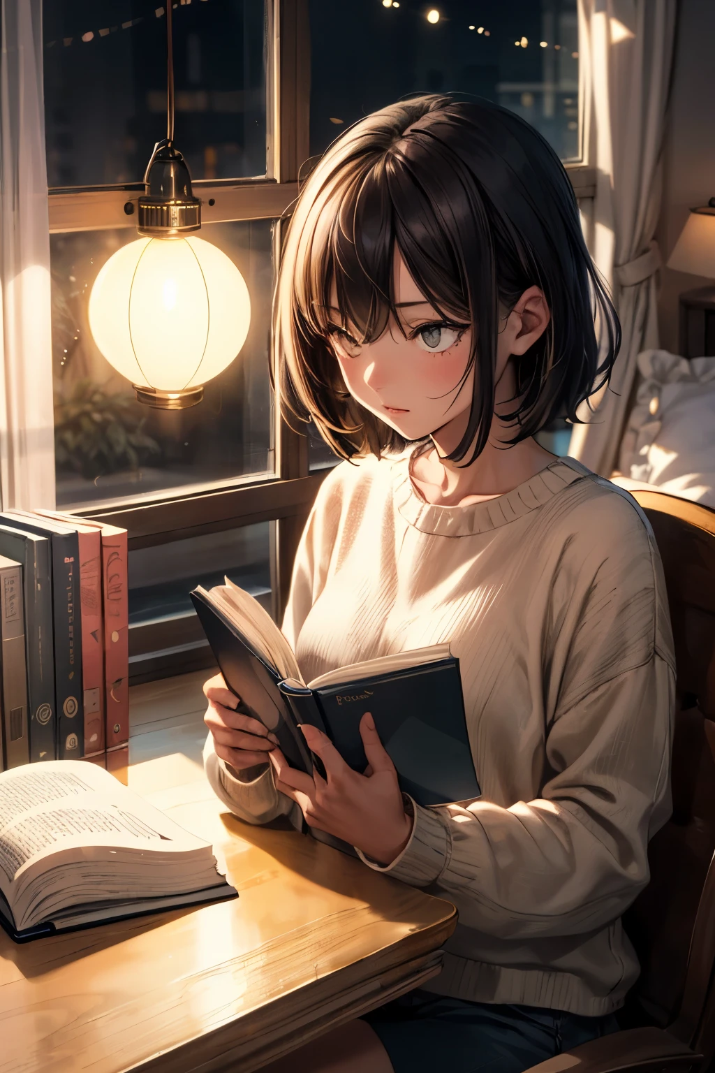 lofi girl, reading book, on table, and lowlight shadow, yellow lamp, night vibes, in room