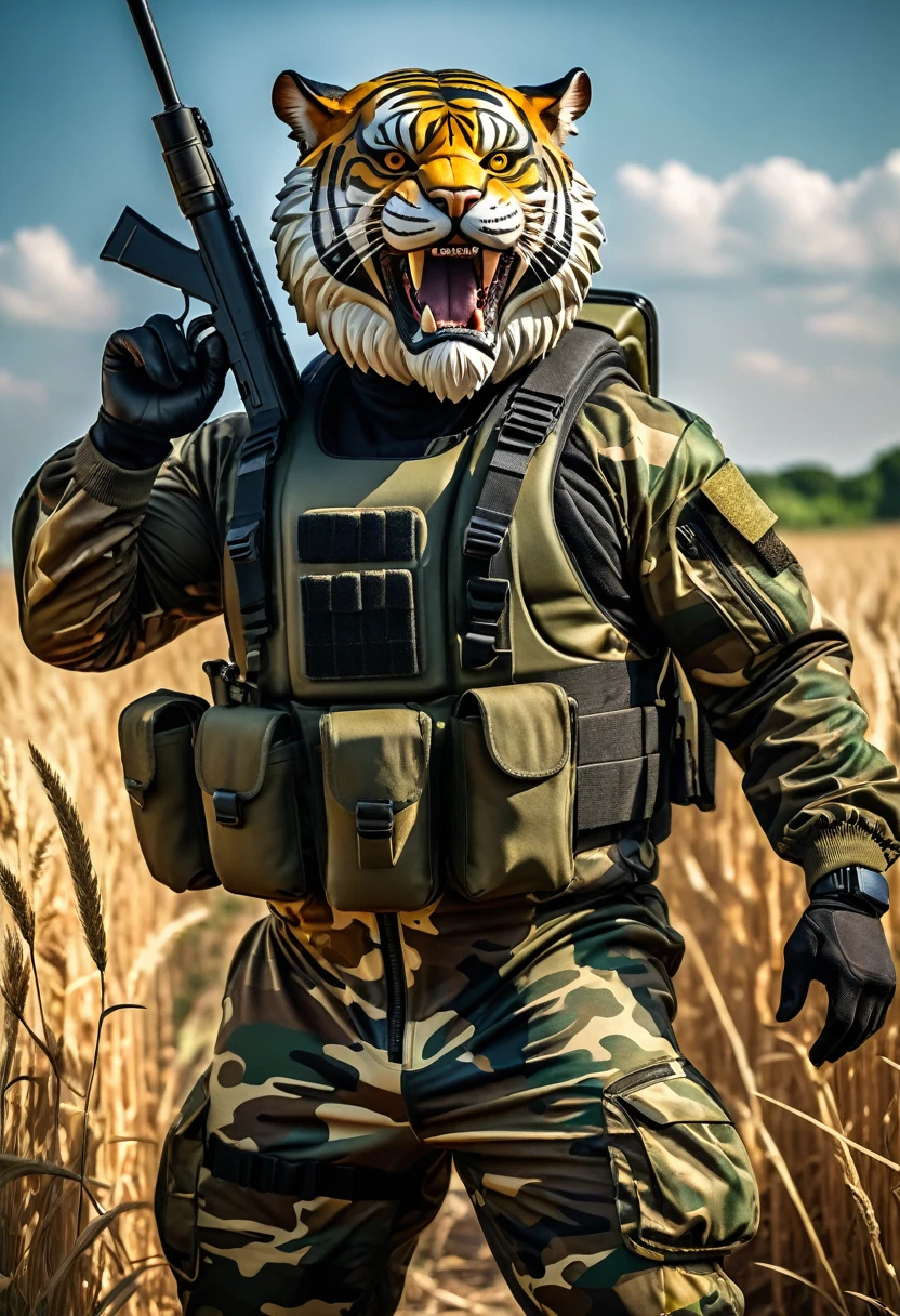 (a dark-skinned bearded fat muscular old man in a bulky army camouflage zipper diver suit) shooting with a gun, (wearing a small-sized realistic roaring tiger mask), dynamic action pose, fierce expression, showcasing an imposing stature, surrounded by military elements, dramatic shadows and intense highlights, cinematic color tones, high detail, powerful, art influenced by Bruce Onobrakpeya and Stanley Artgerm, ultra-detailed, best quality image, action-packed atmosphere, patrolling in a field.
