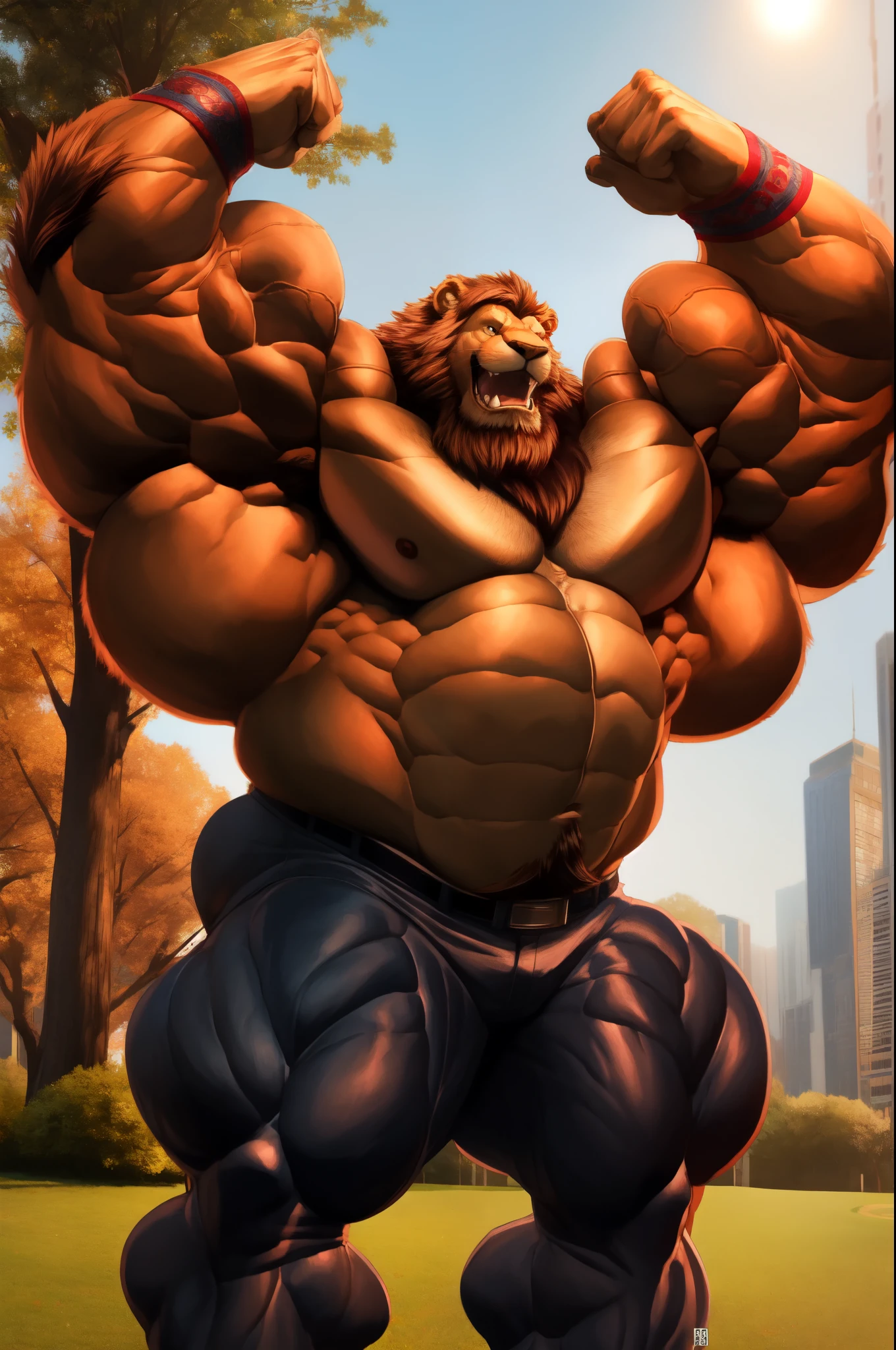 muscular old man in park (brown lion), medium shoot, half body an anthto, bearded, happy expression, really big muscle, bigger muscle, very big muscular, over sized muscle, biggest muscle, big pec muscular, biggest pec muscle, detailed muscle, photography, background