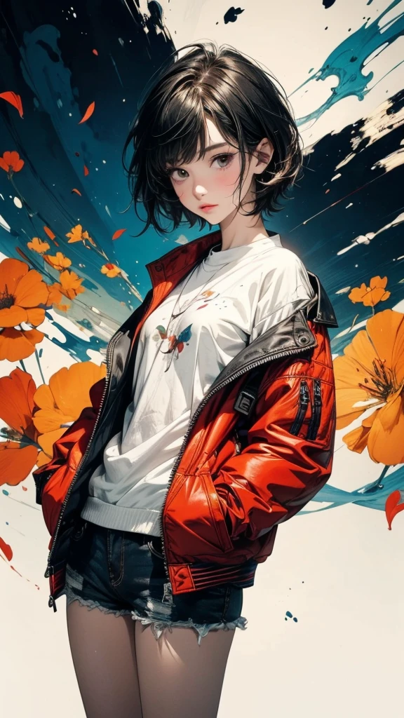 From above, 20-year-old woman, Asymmetrical short hair, Hands in pockets, Jacket and micro mini shorts combination:1.2, Petal Collage, abstract design, artistic juxtapositions, And handle background, warm color, mixed-media approach, Anime Style, Digital Painting, (masterpiece, High resolution, Highest quality)