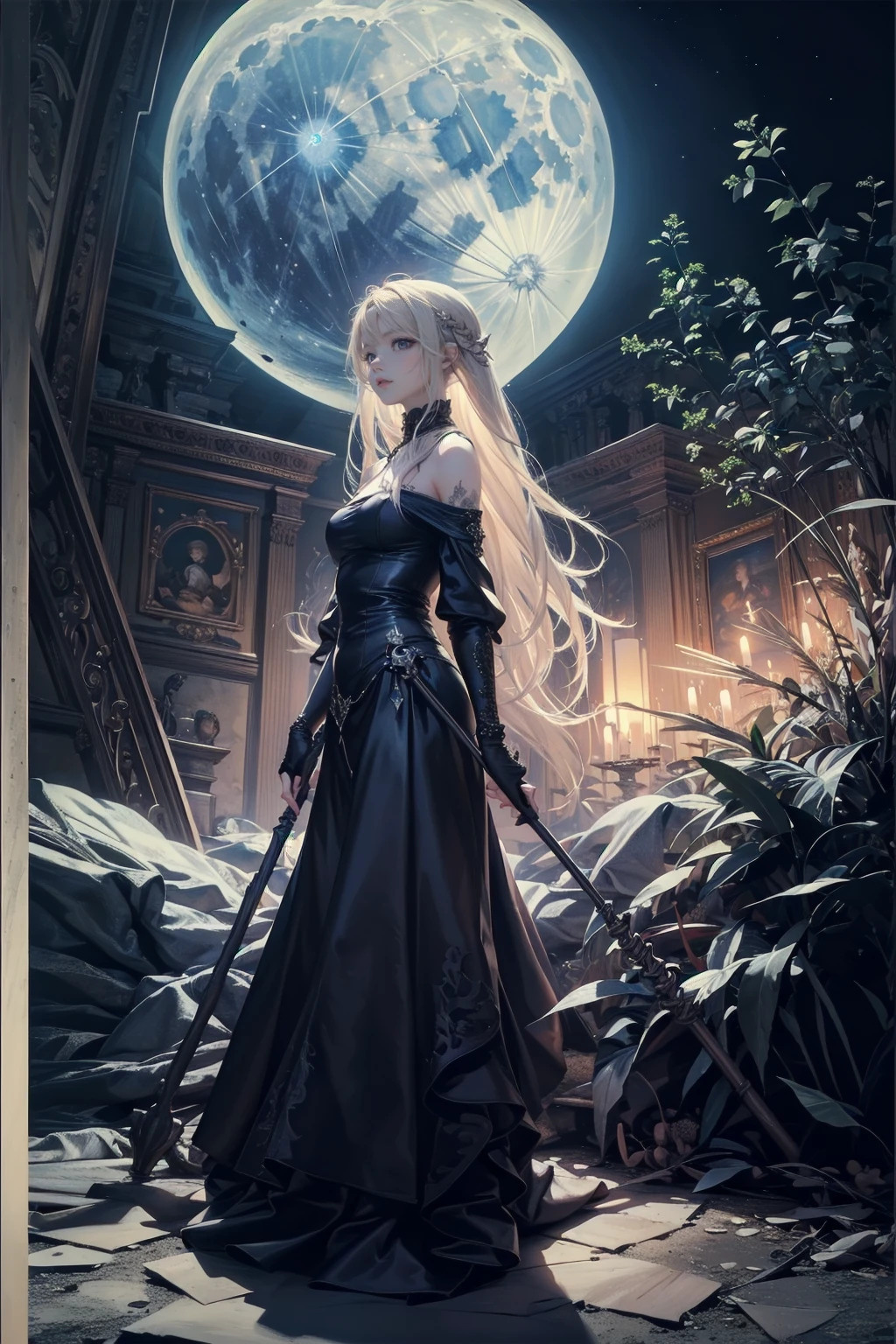 Attention to detail, Highest quality, 8k, [Super detailed], masterpiece, Highest quality, (Very detailed), Dynamic Angle, Ultra Wide Shot, Realistic, Dark Fantasy Art, Gothic art, Dark RPG Art, Realistic芸術, 女性の人間の聖職者のUltra Wide Angle写真, Grab the spear, Wearing a black cloak, Black leather suit, With star seal (intense details, masterpiece, Best details: 1.5), High heel boots, sacred symbols for casting spells, white magic seal (intense details, masterpiece, Best details: 1.5), Symbols of the stars and the moon, Blue light from the symbol, Blonde (intense details, masterpiece, Best details: 1.5), Long Hair, Braided hair, small, Strong Eyes, Green Eyes, Moon and stars background, (( Goth worship atmosphere)), moon light Attention to detail, Highest quality, High resolution, Ultra Wide Angle