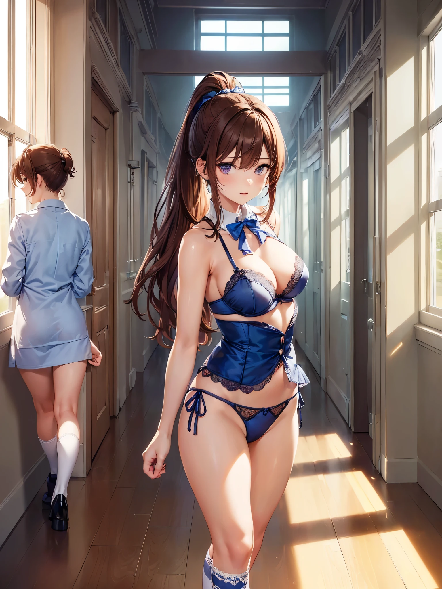 (((masterpiece, Highest quality, High resolution, 超High resolution, Perfect Pixel, Depth of written boundary, 4K, RTTX 10.0))), Beautiful Anime Woman, Beautiful art style, Anime characters, ((Smooth texture, Realistic texture, Anime CG Style)), Perfect and accurate finger count、Exact number of legs、(Exact number of arms:1.0, Exact number of hands:1.0), (Perfect hands, Perfect Anatomy), Cinematic, Realistic, Extremely detailed CG, Daytime lighting, Perfect lighting, Best Shadow, The best natural light, whole body, Perfect body, バランスのとれたPerfect body, Perfectly balanced style, Soft body, Slender body, ((bangs, Reddish brown hair, Long Hair, ponytail)), ((A cute adult woman is walking:1.8)), ((Bow tie around neck:1.3), (Sexy and cute blue underwear:1.3), (Stylish shiny blue satin panties, Side-tie panties, Panties with plain blue center and lace decoration on the sides:1.3), (Blue micro lace satin bra, Blue bra with large lace trim around the edges:1.3), (Knee-high socks:1.3):1.4), (Beautiful big boobs:1.1), (Embarrassed expression:1.5), blush, (School corridor, Corridor with windows, Long corridor, In the background, there are many male students walking., The boys are paying attention to the girls:1.7), naked, In underwear, Only bra, panties and knee socks, School shoes, Angle from below the front