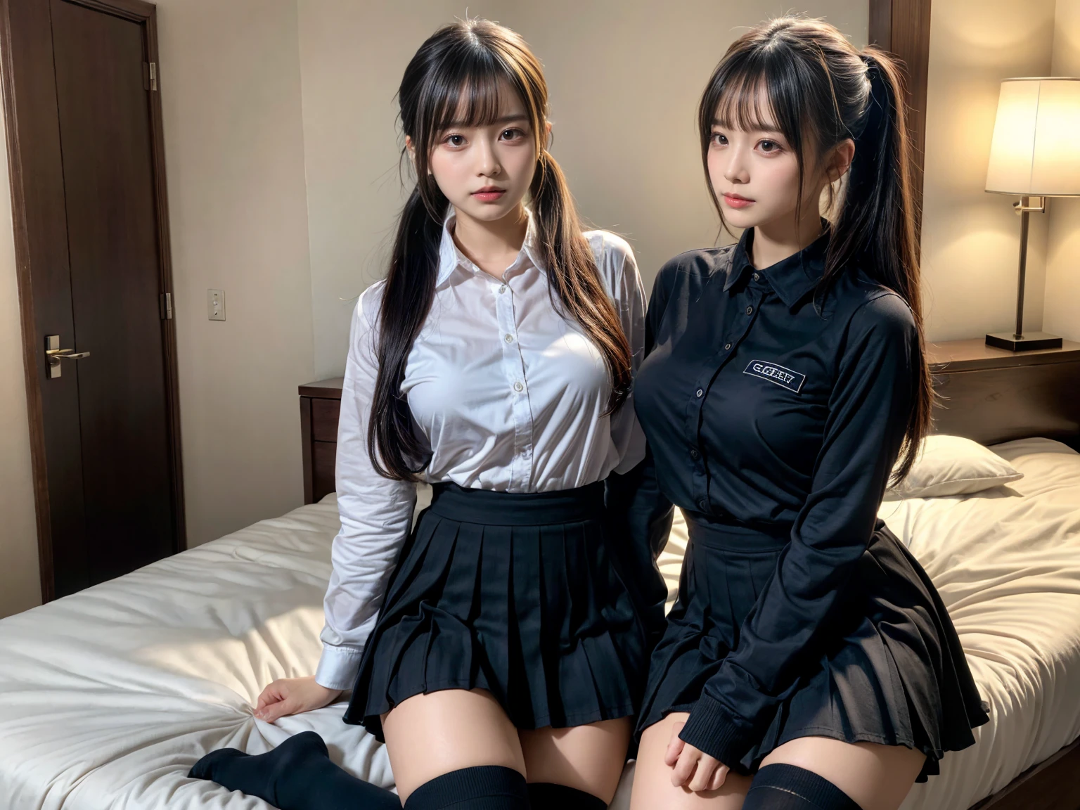 (8K, RAW Photos, Highest quality, masterpiece:1.2), (professional photography, full colors, studio-caliber color grading), (Gravure quality for high-end fashion magazines), (2 girls), BREAK,18 year old girl, (fluffy ponytail:1.2), Big Natural Color Lip, Plumpy body, (smooth skin:1.1), huge breasts, BREAK, (collared shirt:1.1), pleated skirt, knee high socks, BREAK, hotel room, cute , lolita