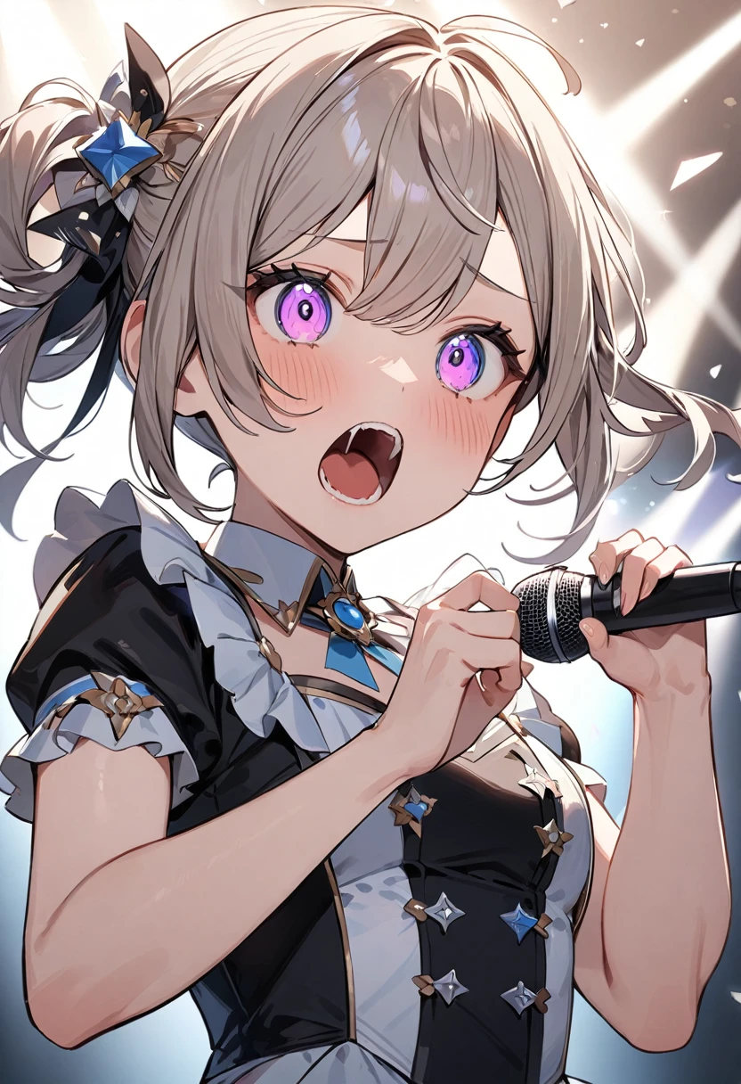 (masterpiece, top quality, very aesthetic, 4k、illustration), intricate detail, 1woman,、solo,contrapposto 、,(upper body)、(Scream),Cute、Hold the microphone、singing、shout、Random Hairstyle、Random Hair Color、,middle hair,sidelock ,Random Color　eyes、idol clothes、small breasts、Slim 、