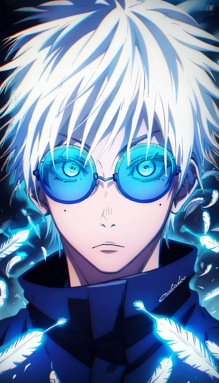 (score_9, score_8_up, score_7_up), zPDXL, 1 boy, alone, looking at viewer, simple warm colored background, neon blue eyes, close-up, short hair, white hair, broken glasses, lenses, neon blue feathers falling, serious look, determination, dark aura, front view, masterpiece, best quality, hyper detailed, cinematic light, intricate detail, high resolution, official art, detailed glow, blue light feathers, portrait, the pupil of the eyes with detailed structures, miracle, dark atmosphere, neon blue feathers, mole, jewelry accessories, diffraction peak, vibrant colors, concept artist, electronic links, falling feather