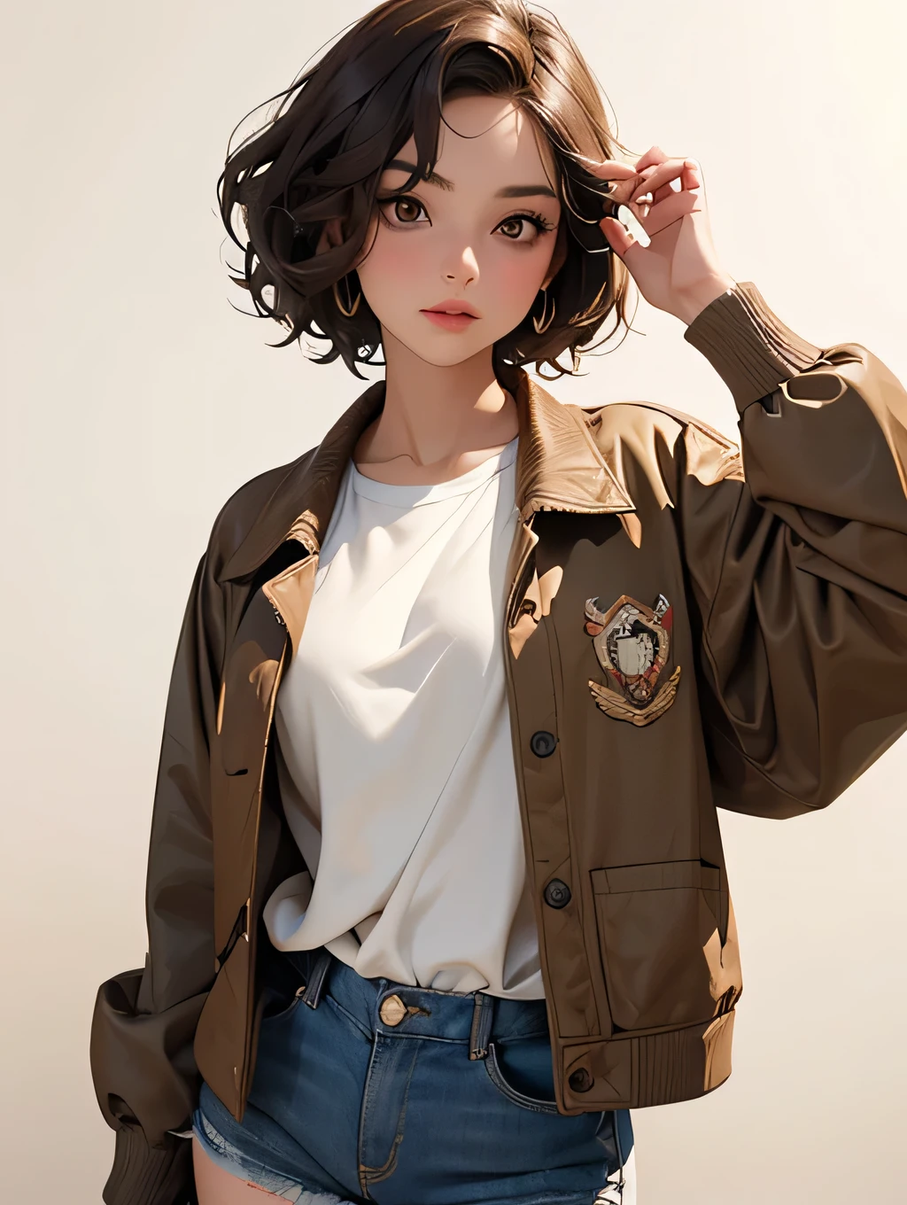 Girl, brown eyes, wavy short hair, vintage jacket outfit, pose, masterpiece, 8K, 3D, brown vibes, aesthetic potrait, white color background.