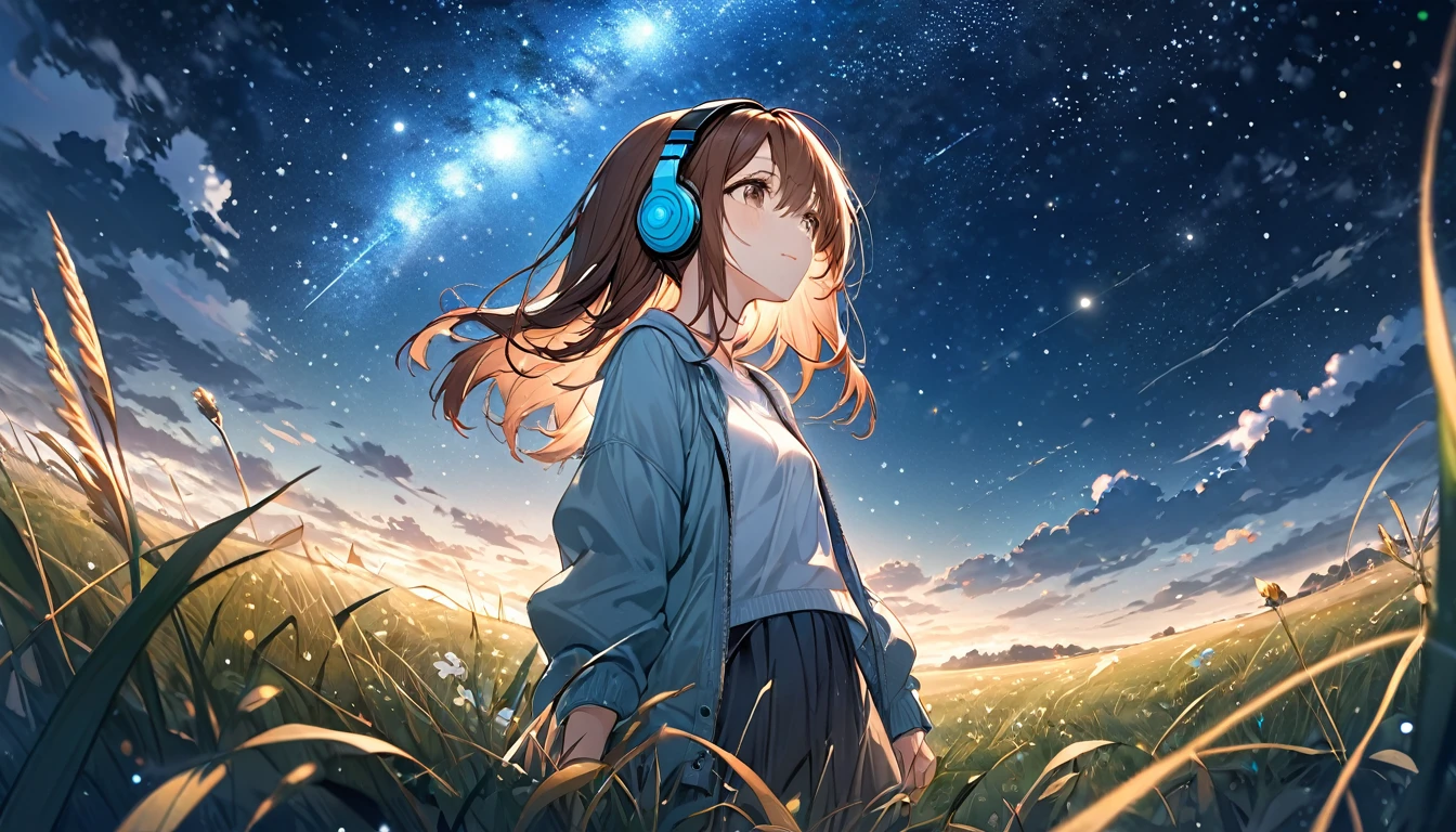 Brown-haired girl wearing headphones、Starry Sky Study - Highly Detailed、masterpiece, Highest quality, Bright - Starry background、Calm expression、Casual clothing、Looking up at the stars in the grassland
(Detailed fingers), (Emotional), (Breathtakingly beautiful), (main part:1.2 Whole body), (Anime Style), (Very detailed), (超High resolution, High resolution), (8k), (Complex and beautiful: 1.2)
