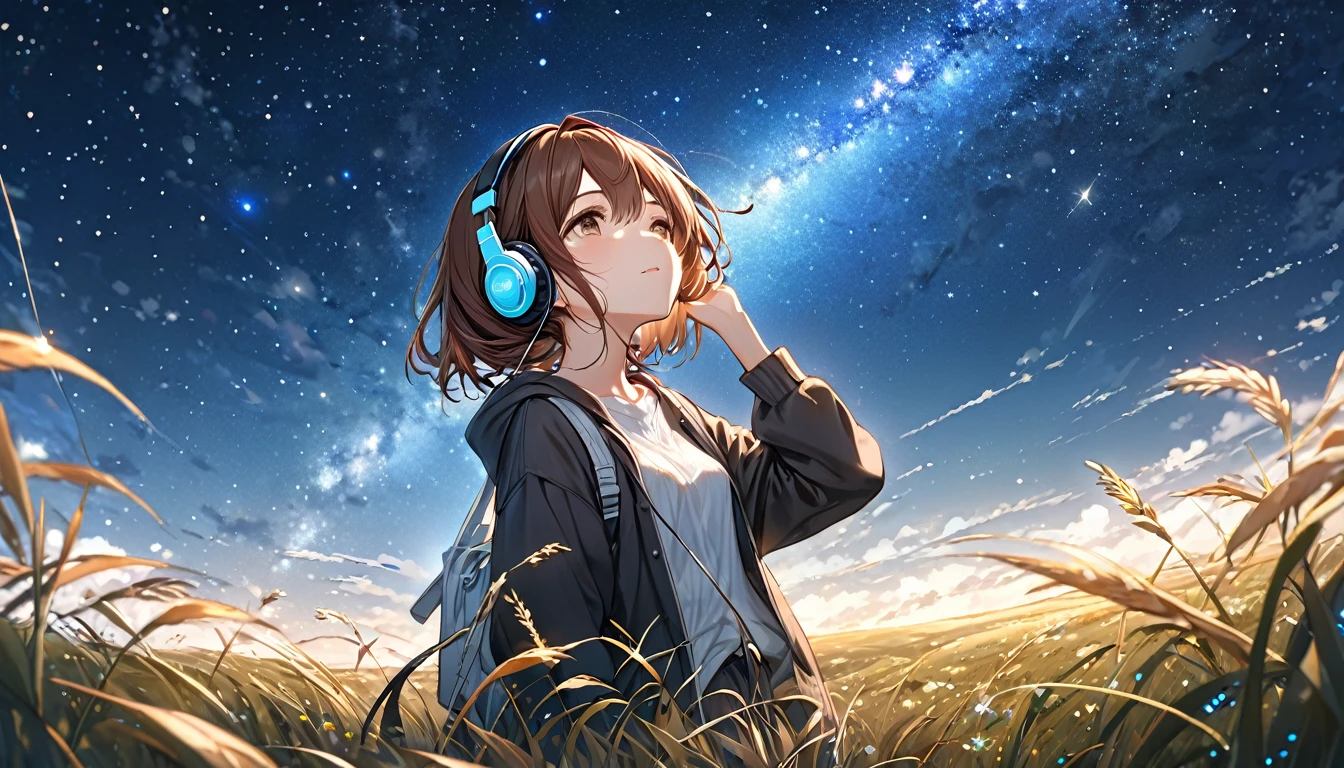 Brown-haired girl wearing headphones、Starry Sky Study - Highly Detailed、masterpiece, Highest quality, Bright - Starry background、Calm expression、Casual clothing、Looking up at the stars in the grassland
(Detailed fingers), (Emotional), (Breathtakingly beautiful), (main part:1.2 Whole body), (Anime Style), (Very detailed), (超High resolution, High resolution), (8k), (Complex and beautiful: 1.2)