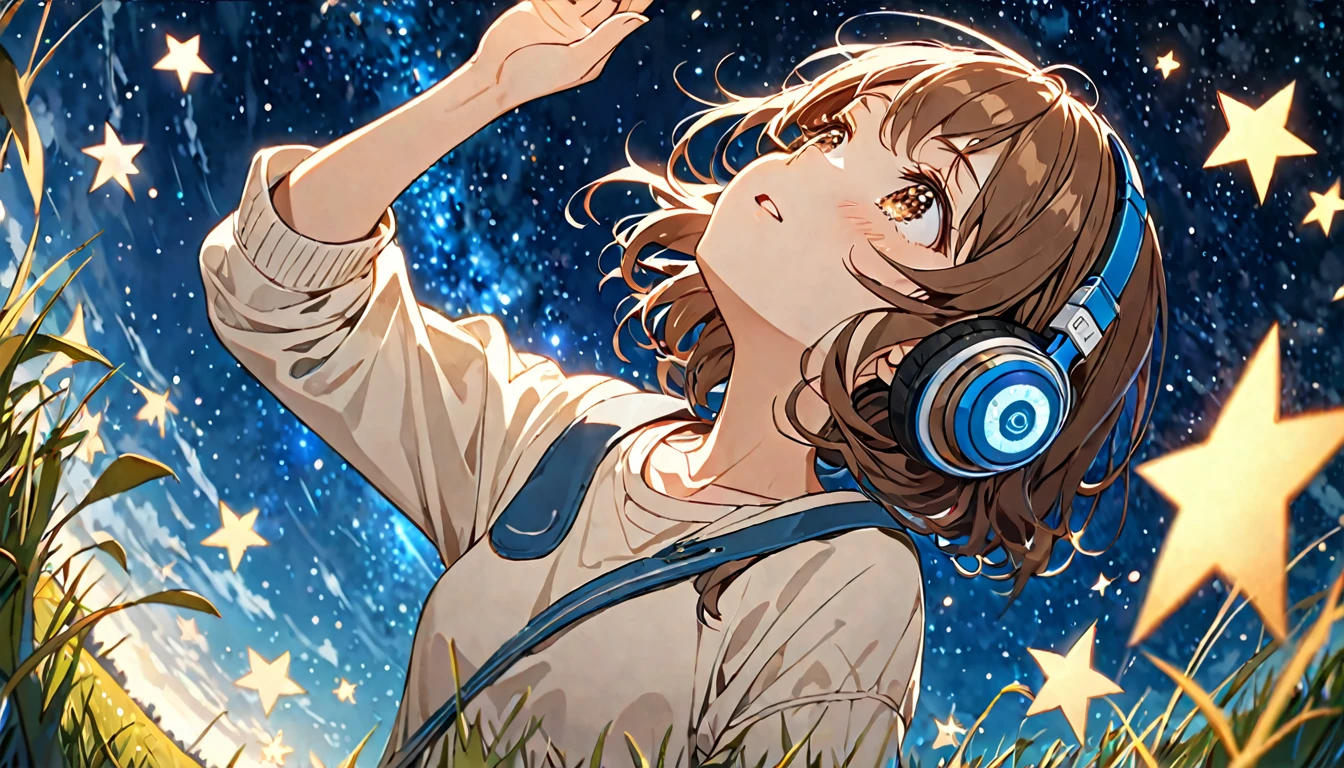 Brown-haired girl wearing headphones、Starry Sky Study - Highly Detailed、masterpiece, Highest quality, Bright - Starry background、Calm expression、Casual clothing、Looking up at the stars in the grassland
(Detailed fingers), (Emotional), (Breathtakingly beautiful), (main part:1.2 Whole body), (Anime Style), (Very detailed), (超High resolution, High resolution), (8k), (Complex and beautiful: 1.2)
