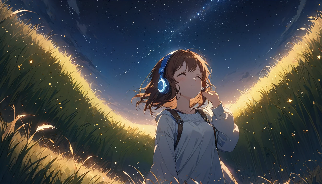 Brown-haired girl wearing headphones、Starry Sky Study - Highly Detailed、masterpiece, Highest quality, Bright - Starry background、Calm expression、Casual clothing、Looking up at the stars in the grassland
(Detailed fingers), (Emotional), (Breathtakingly beautiful), (main part:1.2 Whole body), (Anime Style), (Very detailed), (超High resolution, High resolution), (8k), (Complex and beautiful: 1.2)