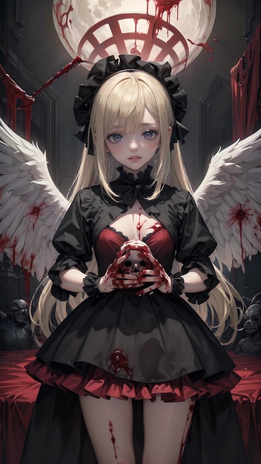 (Highest quality,4K,High resolution,masterpiece:1.2),Very detailed,Realistic:1.37,Spooky altar background,Dark fantasy,Red color scheme,Ominous atmosphere,Eye-catching,Storytelling,anatomy,Anime Style,Concept Art,beautiful細部までこだわった顔と (((Red eyes ))),A terrifying ritual ,Satanic Ritual,Premature death,inappropriate behavior,クレイジーなsmile,Scythe Face,Girl Monster, beautiful, Delicate facial features, Sharp Eye, Sharp Fangs, pale skin, Thick chain, Dark Background, Cinema Lighting, Dramatic Shadows, Gothic style, Gloomy atmosphere, Dark fantasy, One Girl, Please open your mouth wide, Open your mouth and baring your teeth,Sharp teeth like a beast, Wide lips, very wide mouth, Vermilion cheeks, ,(Blood splatter:1.4),Scary smile, smile,Angel Design, Twisted smile、Bloody、bleeding from the head,,,,,、Blood splatter、,(Blood splatter:1.4),skull,Horror Style, ((Fantasy Sweet ta Frilly Pink Costume)), ((flowing blonde hair)), ,(Blood splatter:1.4),Female curves, Sexy flat stomach, Perfect hands, Perfect anime face, (Pink Loliress)), Are standing, ((邪悪なsmile)), ,(Blood splatter:1.4), Steam circulates, Moonlight Illumination, night lighting, (Blood splatter:1.6),アニメAngel Design, Twisted smile、Bloody、bleeding from the head,,,,,、Blood splatter、,(Blood splatter:1.4), skull,Gothic architecture、Western architecture、Fantasy World、,Victorian cities, Skeleton Gas Light,Absurd, High resolution、 ((Tabletop)), ((Highest quality)), (Very detailedな), ((Very detailed)), (beautiful), ((pretty girl)), (NFSW:1.8), alone,(10 yearsorld'The most terrifying and creepy demon girl:1.5)beautiful face、Whole Body Ezbian、pale, Beautiful Skin、beautiful金の髪、Smiling Kindly、Dark building ruins、(snow white'Frill dress:1.3)、(The dark ruins are stained with blood:1.3)、Low angle full body shot、(少女は血の海の中にAre standing:1.5)、(The ground is full of blood:1.3)、(The girl lost a lot of blood...:1.3)、(クレイジーなsmile:1.6)、Spirits、(Blood dripping from the mouth:1.3)