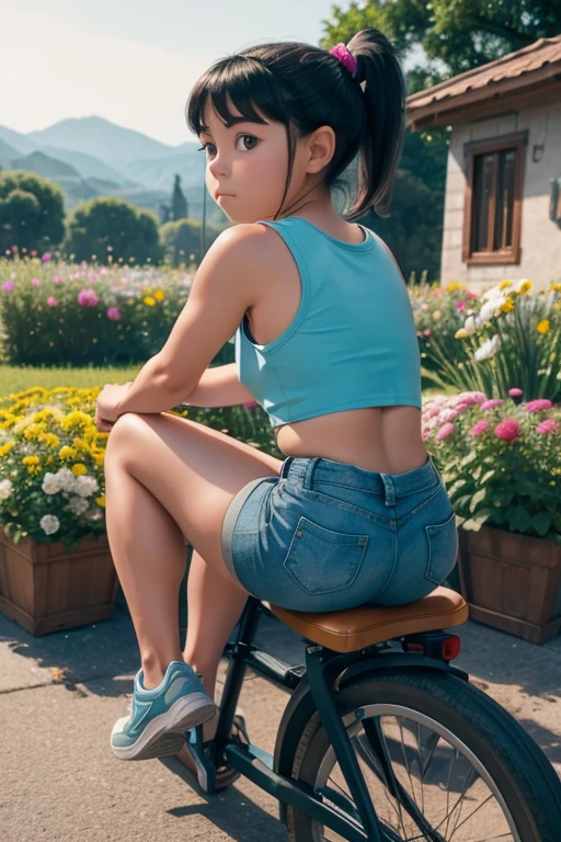 Agnis gru, 13 years, short black hair tied up and forming a ponytail, pechos muy gigantis, very fat legs, caderas grandis, nalgas muy gigantis, sitting astraddle atop the side of a bicycle with flowers in the background, 1 girl, Alone, micro shorts, is, shirt, black micro shorts, thighs, outdoor, mirando al ispectador, sleeveless, crop top, sleeveless shirt, hombros discubiertos, blue shirt, haddock, vehículo terristre, bermuda micro shorts, diaphragm, day, bicycle, brazos disnudos, old, looking back, Lateral, :t, dolphin micro shorts