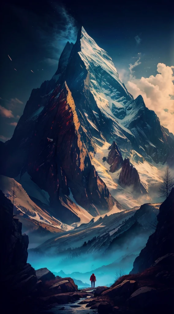 lanscape, 8k landscape of beautiful snow mountain with human standing back with red hoodie, rule of third photography, intricate, elegant, realistic depth of field photography, perfect natural lighting (masterpiece, sidelighting, finely detailed beautiful lanscape), realistic leav, realistic cloud, realistic mountain, realistic sky, beautiful sky, ray of light, rule of third photography, point of interest photography, perfect lanscape color tone, realistic river, realistic flower, realistic grass, realistic stone, realistic climb, realistic tree, best lanscape color tone, realistic land, realistic fog, add grain, High Resolution, Accurate, 8K Octane,