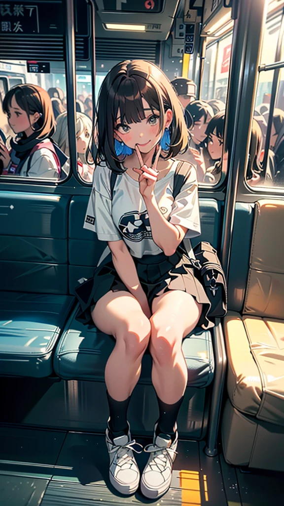 (8k, RAW Photos, 最high quality, masterpiece:1.2), high qualityのRAWカラー写真, Professional photo shoot, Cinematic Light, alone, (((young woman, Gal))), (Sharp features), (Small face), (Skin with attention to detail:1.2), clavicle, Cute Face, Beautiful appearance, Long eyelashes,Girl Turning Around, smile, (Brown Hair, Long straight line), Jersey, Grey denim mini skirt, sneakers, Backpack, Night Park, Confident attitude, Capture the happy moment, Artistic painting,Attractive thighs, (Very nice touch:1.2),はにかんだsmile), Peaceful atmosphere, Oil painting style, Bright colors, (Inside a crowded train, Full body portrait), Smooth texture, Gazing Eyes, Beautiful Skin, Glowing Skin, ((Perfect Fingers, Five Fingers, Anatomically correct)), Background Blur, high quality, Surreal, ((Very detailed, photo shoot)),Many people々、blush、Plump、((Blowjob))、Lick、Front view、squat、((sit in a seat on the train))、Touch your smartphone、View smartphone、Look down、Inner thighs