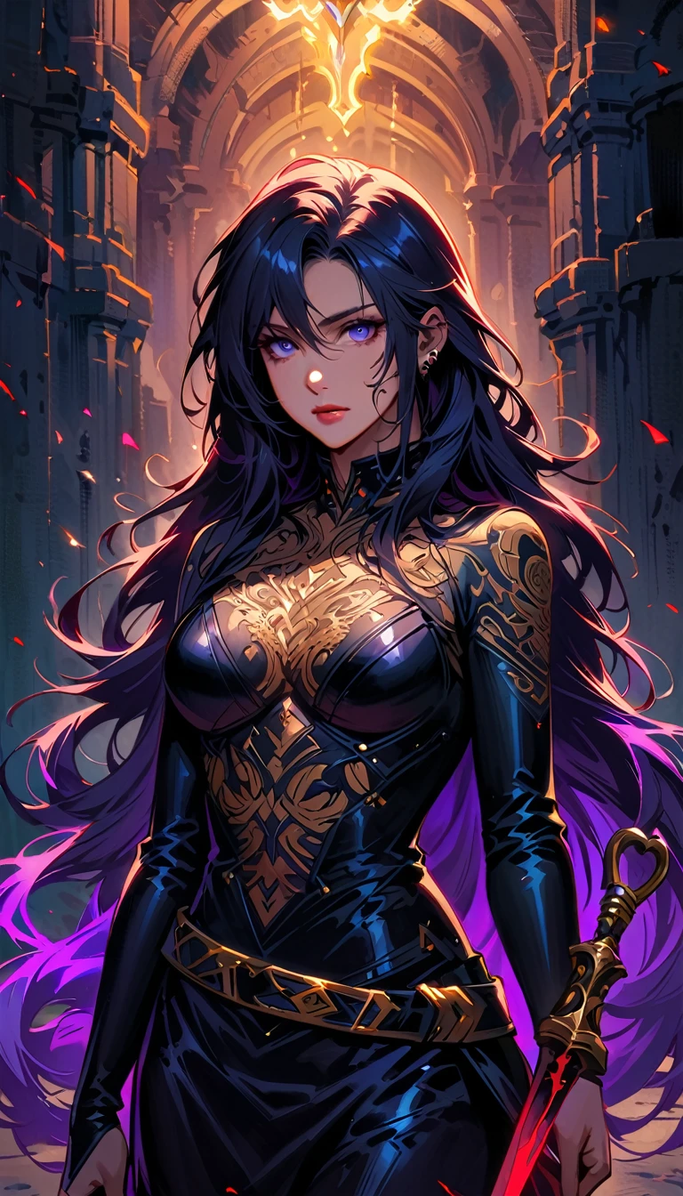 a detailed portrait of a female assassin in a dark fantasy setting, with long flowing hair in shades of black and purple, Tattood on the face, piercing blue eyes that emanate a sense of danger [detailed eyes, piercing blue:1.1], wearing a sleek black leather outfit [black leather outfit], adorned with intricate tattoos all over her body [intricate tattoos:1.1], including dragon scales on her arms [dragon scale tattoos] and an elaborate skull design on her back [skull tattoo:1.1]. She stands in a dimly lit underground chamber [dimly lit underground chamber], holding a (curved dagger), The scene is illuminated with flickering torches [flickering torches], casting shadows and enhancing the suspenseful atmosphere. The color palette is predominantly dark and moody, with hints of red and purple accents [dark and moody color palette, red and purple accents], creating a sense of mystery and danger. The lighting emphasizes the sharp edges and intricate details of the assassin's attire and tattoos, adding depth and texture to the overall composition [emphasis on sharp edges, intricate details]. The image is of the highest quality, with extreme attention to detail [best quality, extreme attention to detail:1.2], showcasing the artist's technical expertise and mastery of light and shadow. The art style is realistic yet with a touch of fantasy, capturing the essence of the dark and intriguing world of Dungeons & Dragons [realistic art style with a touch of fantasy].