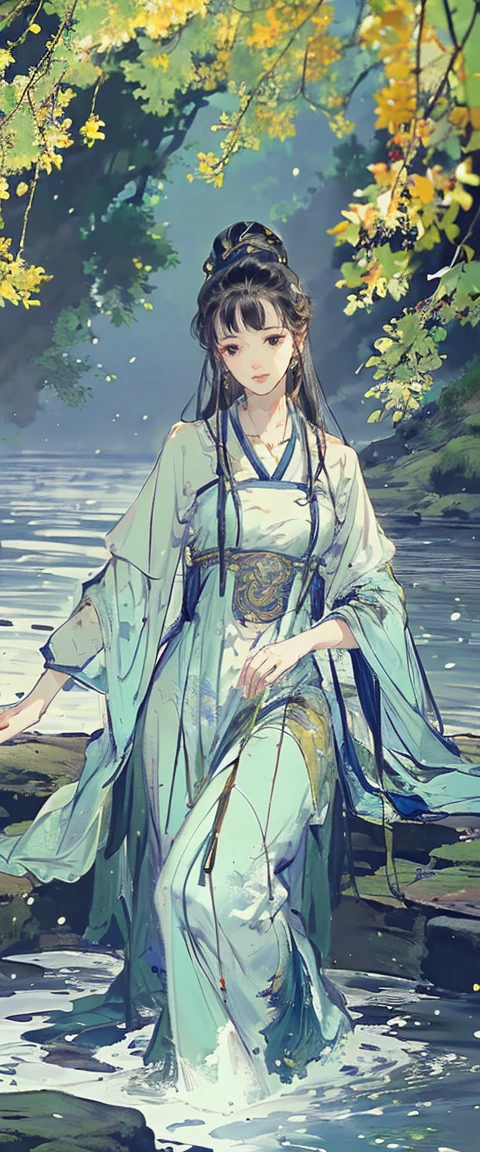 ((masterpiece, highest quality, Highest image quality, High resolution, photorealistic, Raw photo, 8K)), Wu Guanzhong styl, A young woman is bathing in the river, beautiful portrait, casual pose, thighs visible, In Dynamic Pose, legs spread apart,