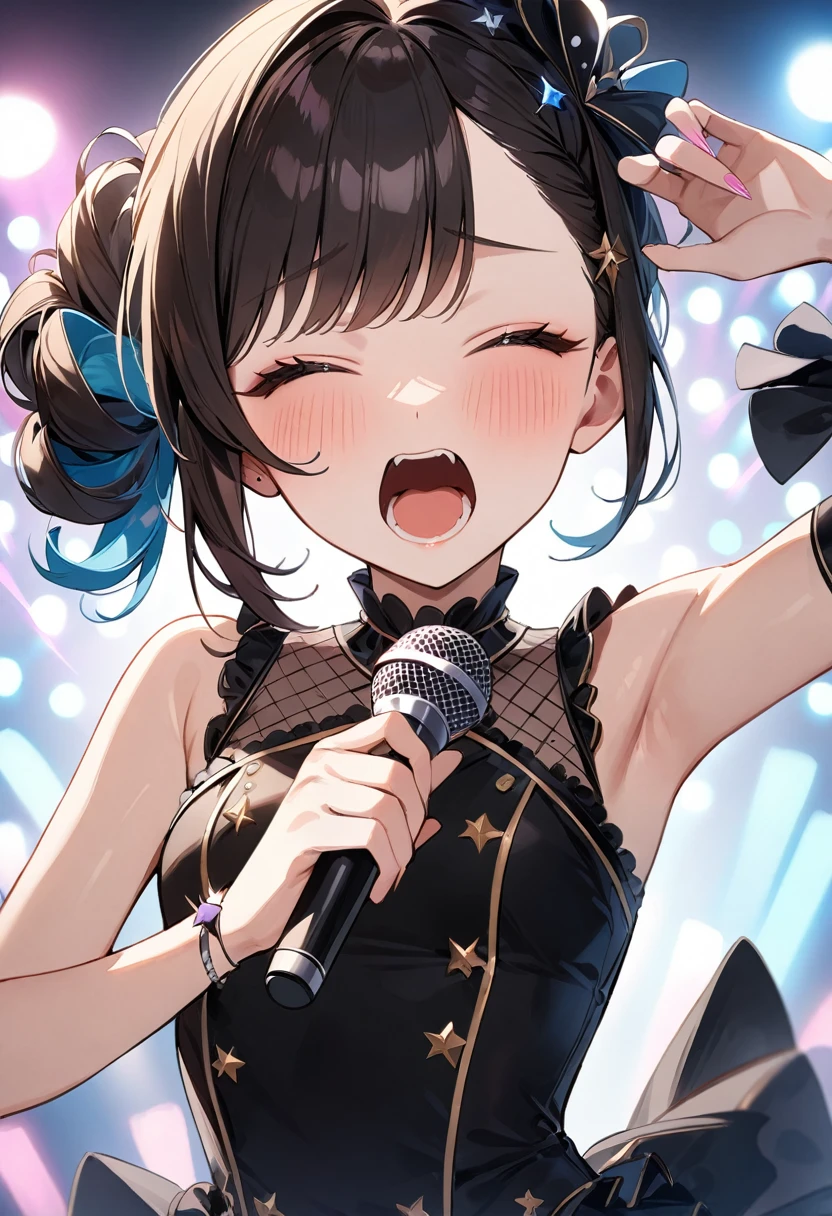 (masterpiece, top quality, very aesthetic, 4k、illustration), intricate detail, 1woman,、solo,contrapposto 、,(upper body)、(Scream),Cute、Hold the microphone、closed eyes、shout、Random Hairstyle、Random Hair Color、,middle hair,sidelock ,Random Color　eyes、idol clothes、small breasts、Slim 、