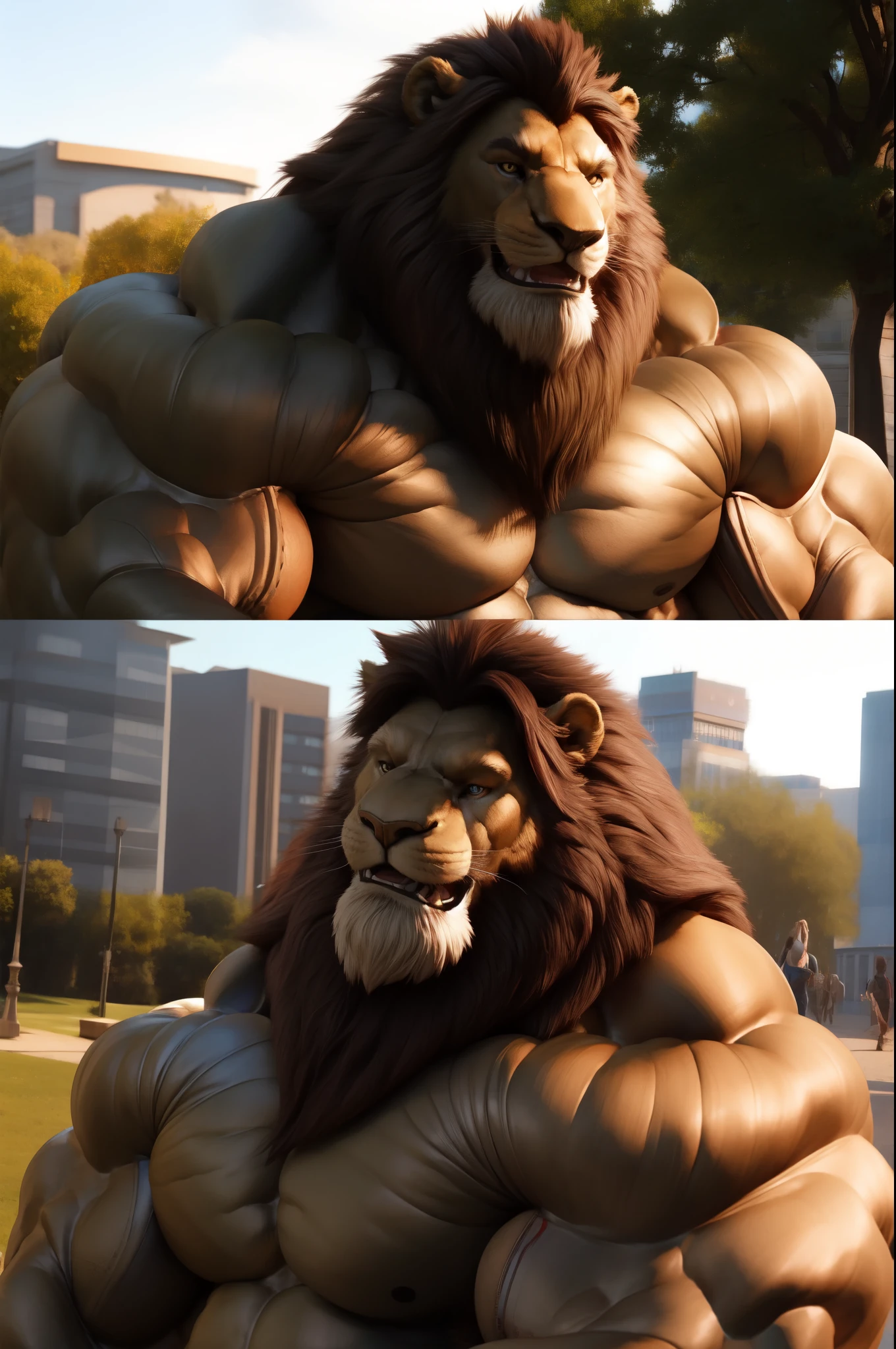 muscular old man in park (lion), medium shoot, half body an anthto, bearded, happy expression, muscular, detailed muscle, photography, background,  realistic rendering, CG realistic, 3d realistic