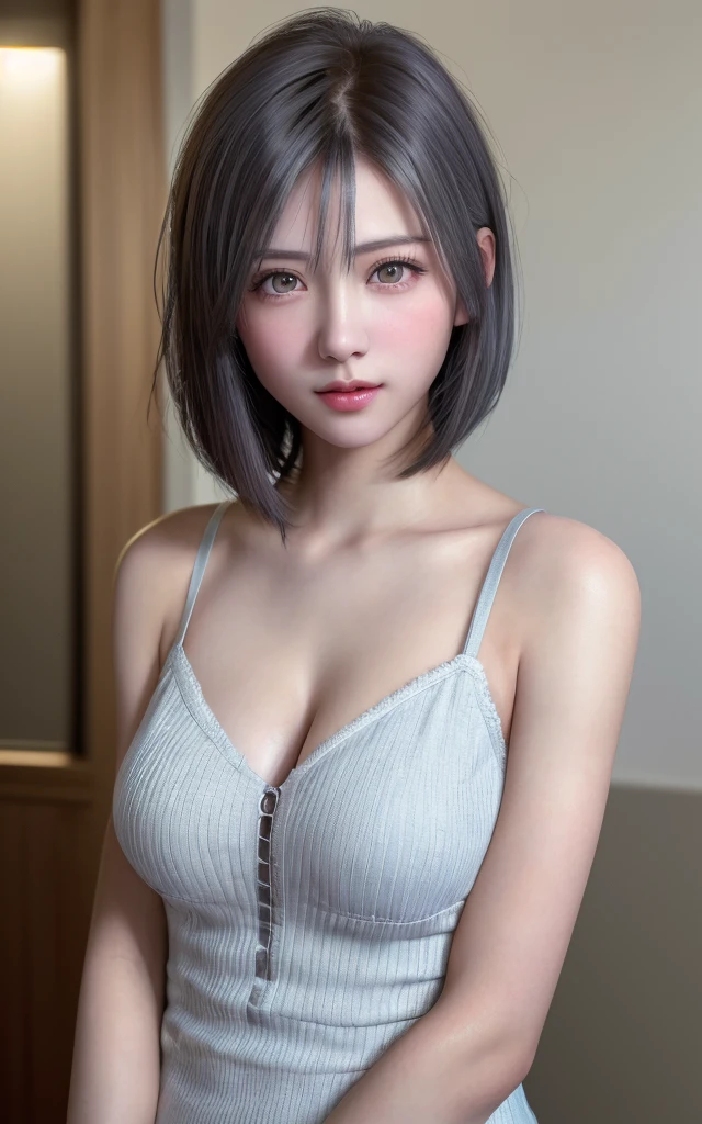 (8K, Photorealistic, Raw photo, of the highest quality: 1.3), (1girl in), Super beautiful, (Realistic face), (boyish, Silver Color Berry Shorthair), Beautiful , Glare that captivates the viewer, Beautiful expression, Beautiful breasts, (Realistic skin), Be...