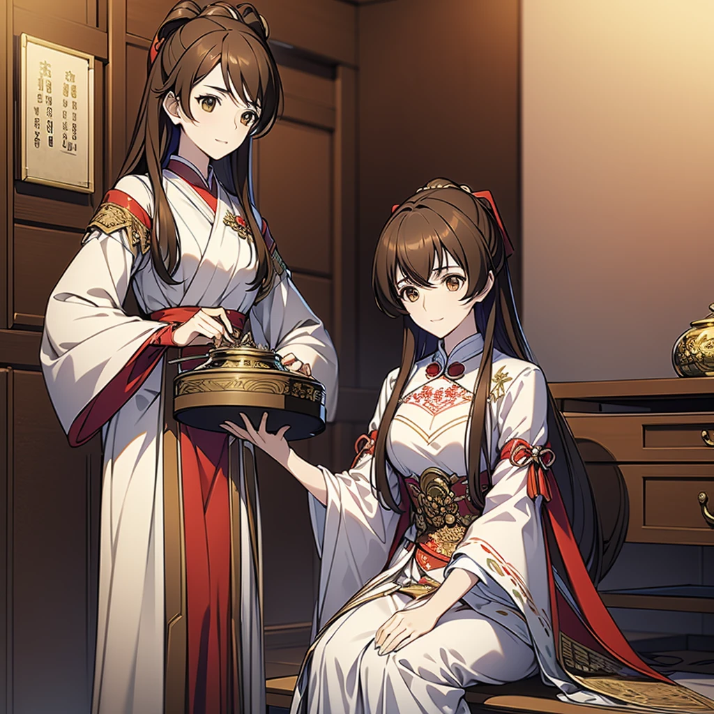 ((Highest quality)), ((masterpiece)), (detailed), （Perfect Face）、The woman is Ogiso Setsuna, with light brown, medium-long hair and a gorgeous red Chinese dress with gold embroidery and trim.