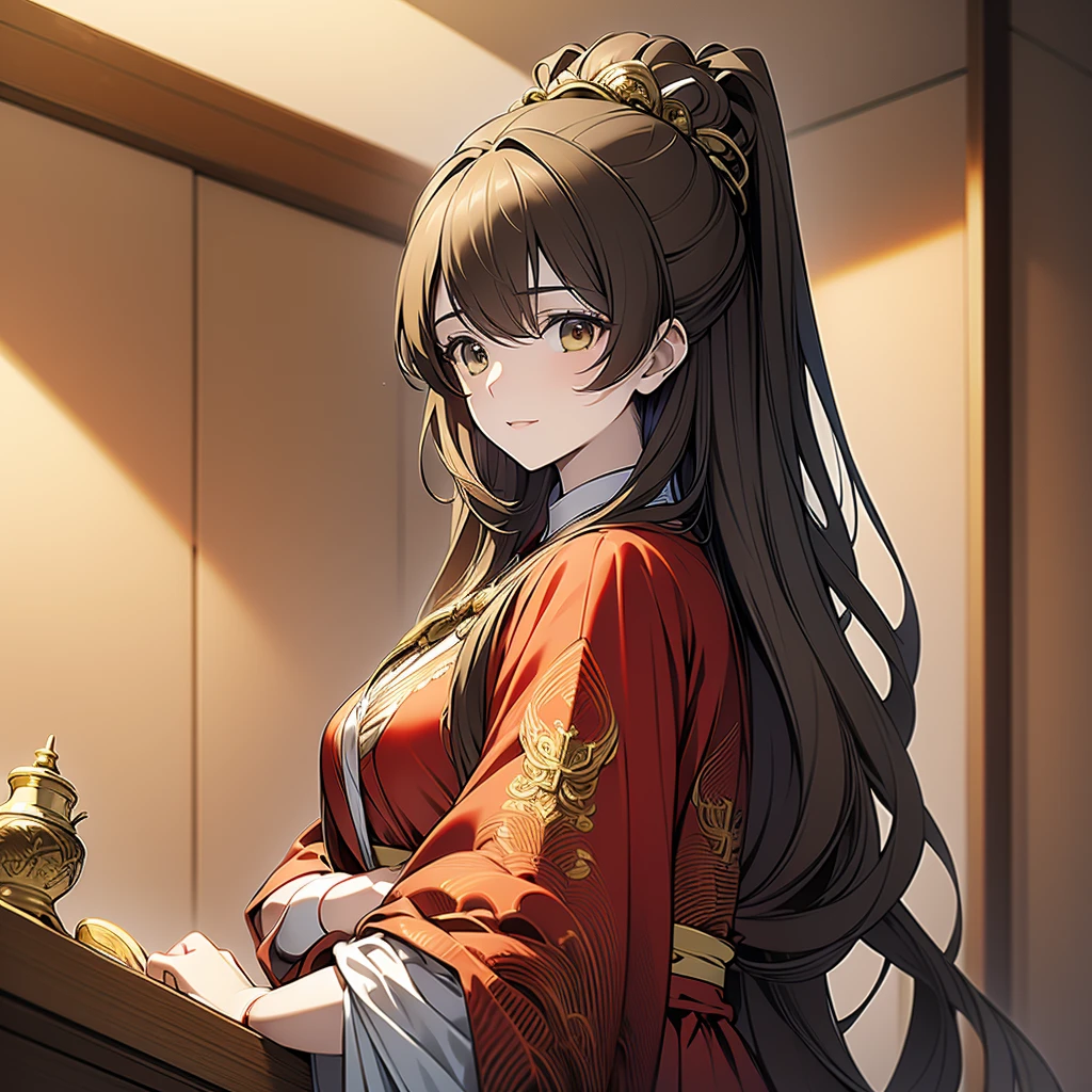 ((Highest quality)), ((masterpiece)), (detailed), （Perfect Face）、The woman is Ogiso Setsuna, with light brown, medium-long hair and a gorgeous red Chinese dress with gold embroidery and trim.