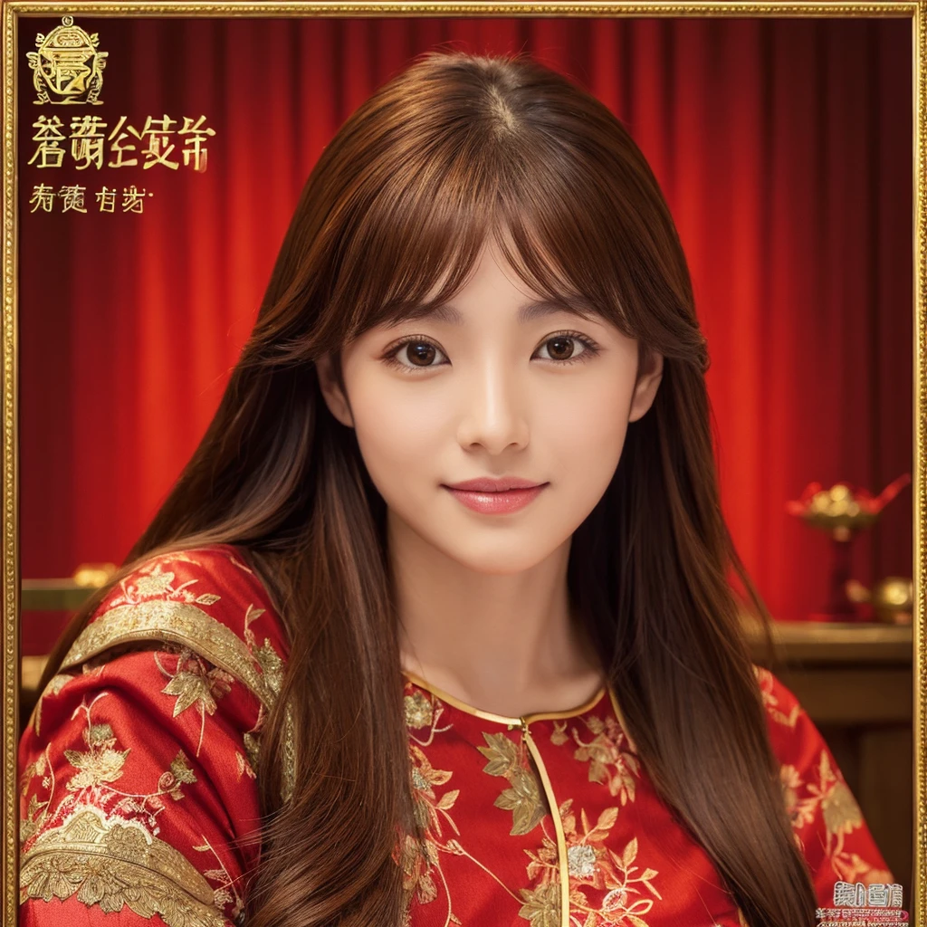 ((Highest quality)), ((masterpiece)), (detailed), （Perfect Face）、The woman is Ogiso Setsuna, with light brown, medium-long hair and a gorgeous red Chinese dress with gold embroidery and trim.