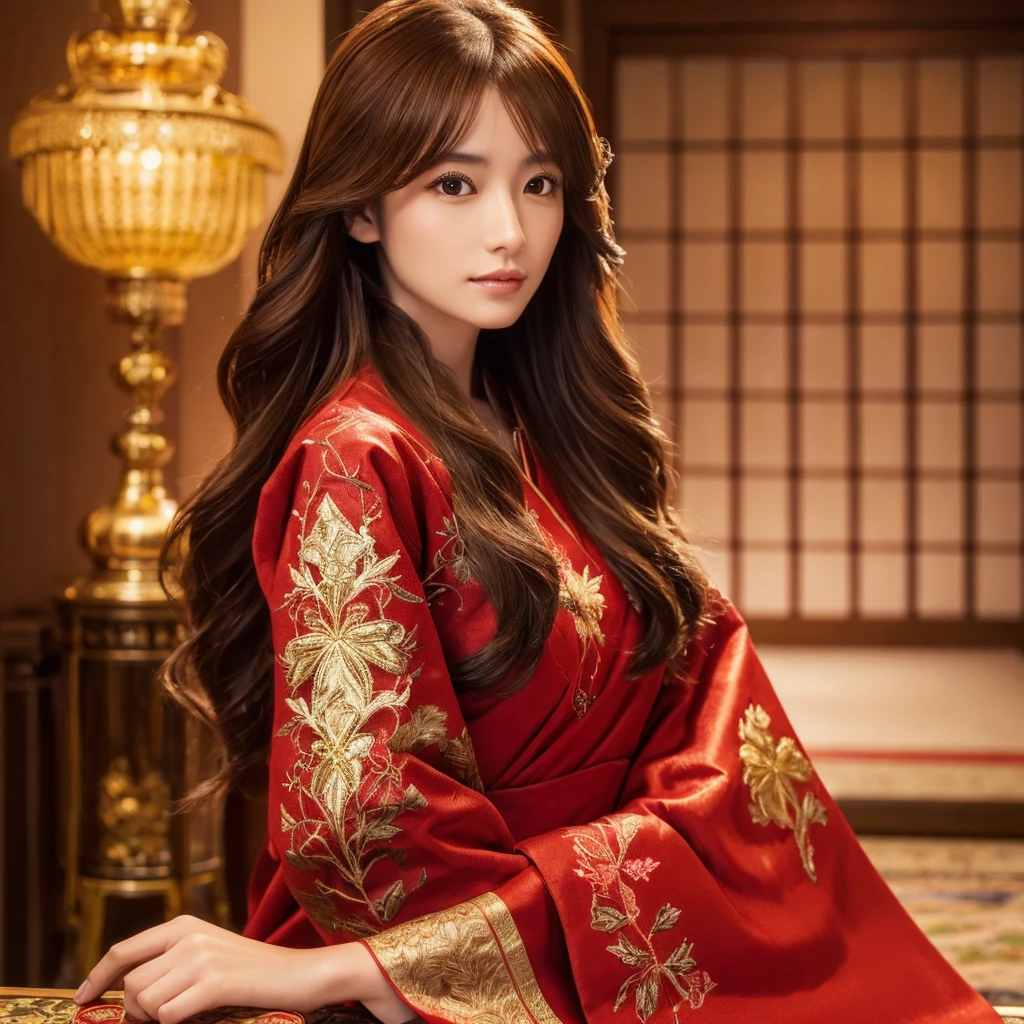 ((Highest quality)), ((masterpiece)), (detailed), (Perfect Face)、The woman is Ogiso Setsuna, with light brown, medium-long hair and a gorgeous red Chinese dress with gold embroidery and trim.