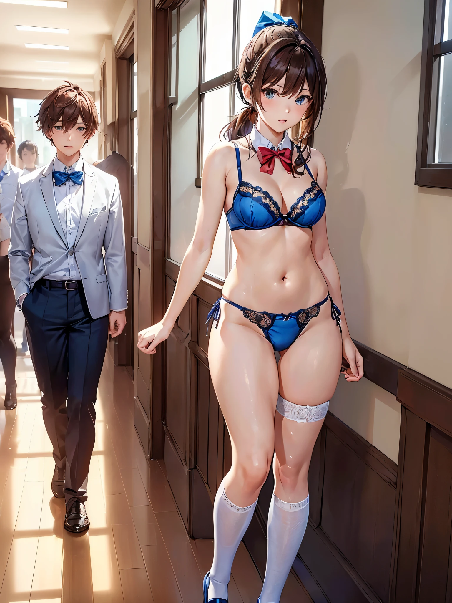 (((masterpiece, Highest quality, High resolution, 超High resolution, Perfect Pixel, Depth of written boundary, 4K, RTTX 10.0))), Beautiful Anime Woman, Beautiful art style, Anime characters, ((Smooth texture, Realistic texture, Anime CG Style)), Perfect and accurate finger count、Exact number of legs、(Exact number of arms:1.0, Exact number of hands:1.0), (Perfect hands, Perfect Anatomy), Cinematic, Realistic, Extremely detailed CG, Daytime lighting, Perfect lighting, Best Shadow, The best natural light, whole body, Perfect body, バランスのとれたPerfect body, Perfectly balanced style, Soft body, Slender body, ((bangs, Reddish brown hair, Long Hair, ponytail)), ((A cute adult woman is walking:1.8)), ((Bow tie around neck:1.3), (Sexy and cute blue underwear:1.3), (Stylish shiny blue satin panties, Side-tie panties, Panties with plain blue center and lace decoration on the sides:1.3), (Blue micro lace satin bra, Blue bra with large lace trim around the edges:1.3), (Knee-high socks:1.3):1.4), (Beautiful big boobs:1.1), (Embarrassed expression:1.5), blush, (School corridor, Corridor with windows, Long corridor, In the background, there are many male students walking., The boys are paying attention to the girls:1.7), naked, In underwear, Only bra, panties and knee socks, School shoes, Angle from below the front