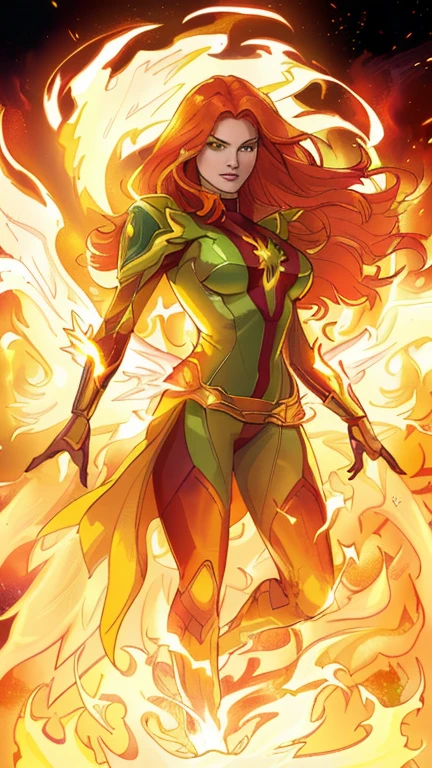 a woman in a yellow and green outfit is flying through the air, jean grey, full body portrait of jean grey, a dark phoenix, she has fire powers, portrait of jean grey, starfire, phoenix-inspired, appears as the fire goddess, phoenix in fire, her body made of flames, inspired by Mary Jane Begin, phoenix warrior, fiery coloring