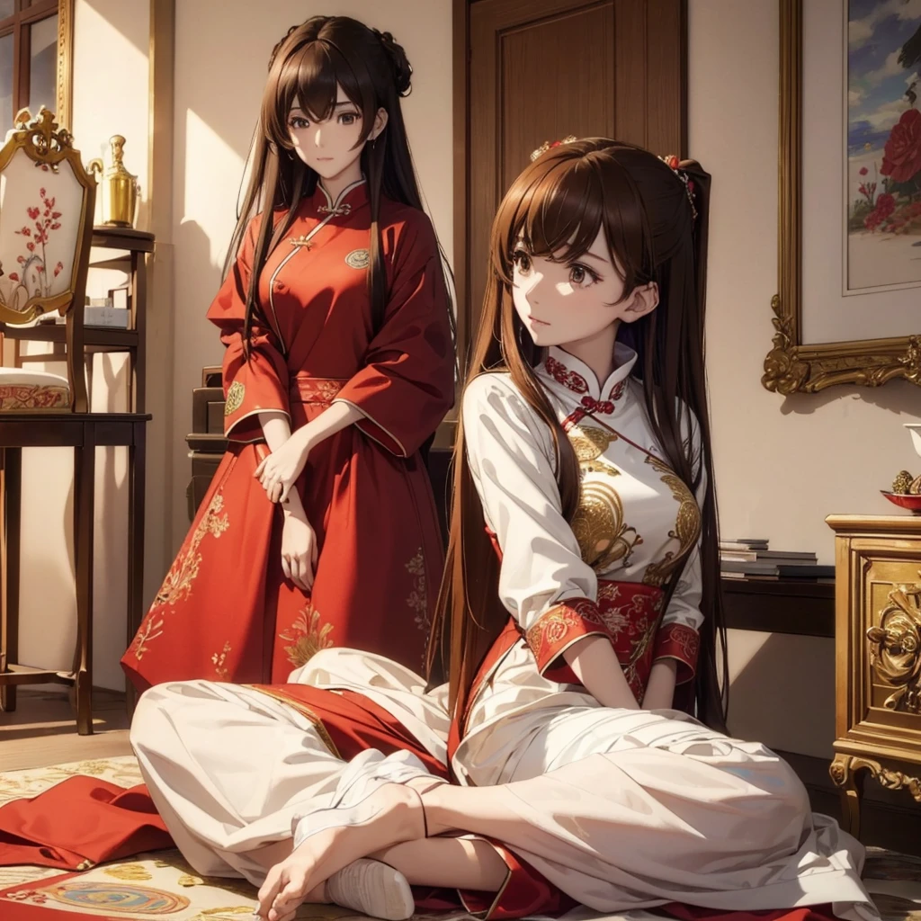 ((Highest quality)), ((masterpiece)), (detailed), (Perfect Face)、The woman is Ogiso Setsuna, with light brown, medium-long hair and a gorgeous red Chinese dress with gold embroidery and trim.