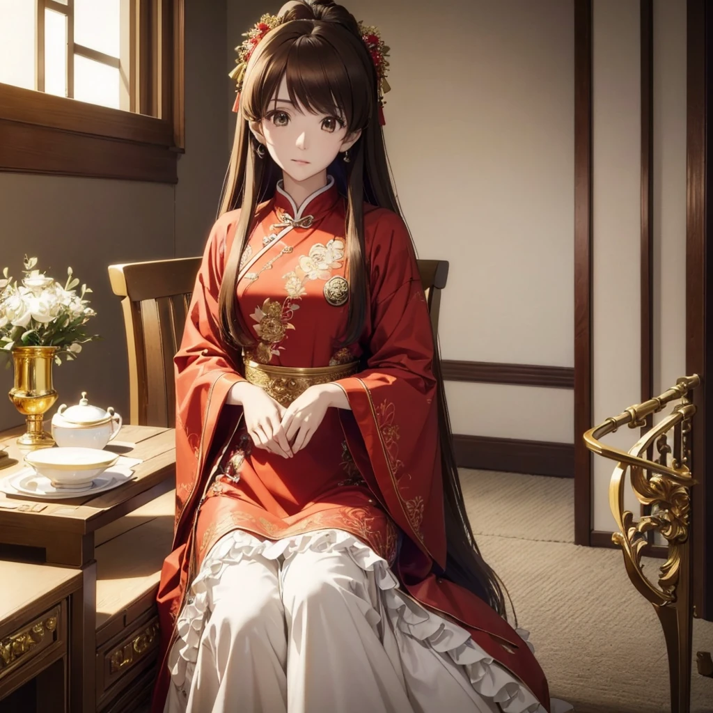 ((Highest quality)), ((masterpiece)), (detailed), (Perfect Face)、The woman is Ogiso Setsuna, with light brown, medium-long hair and a gorgeous red Chinese dress with gold embroidery and trim.