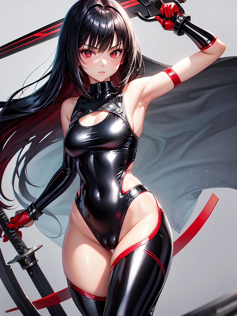 solo girl,Glossy metalic light silver tank top, tight latex shiny, Red interpolation color,Black hair bob,red eyes, camel toe, Samurai Sword,
Lift one leg, sexy lady, โชว์กางเกงใน girl,