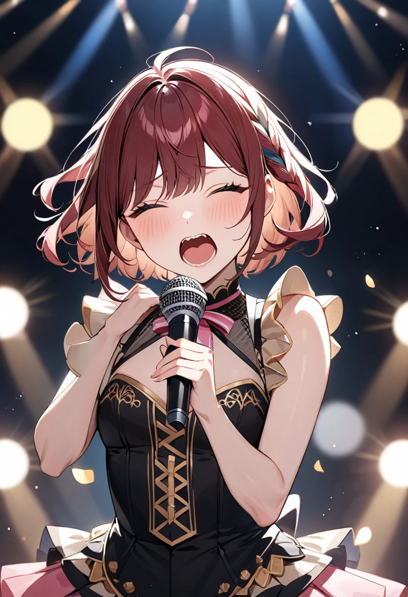 (masterpiece, top quality, very aesthetic, 4k、illustration), intricate detail, 1woman,、solo,contrapposto 、,(upper body)、(Scream),Cute、Hold the microphone、closed eyes、shout、Random Hairstyle、Random Hair Color、,middle hair,sidelock ,Random Color eyes、idol clothes、small breasts、Slim 、
