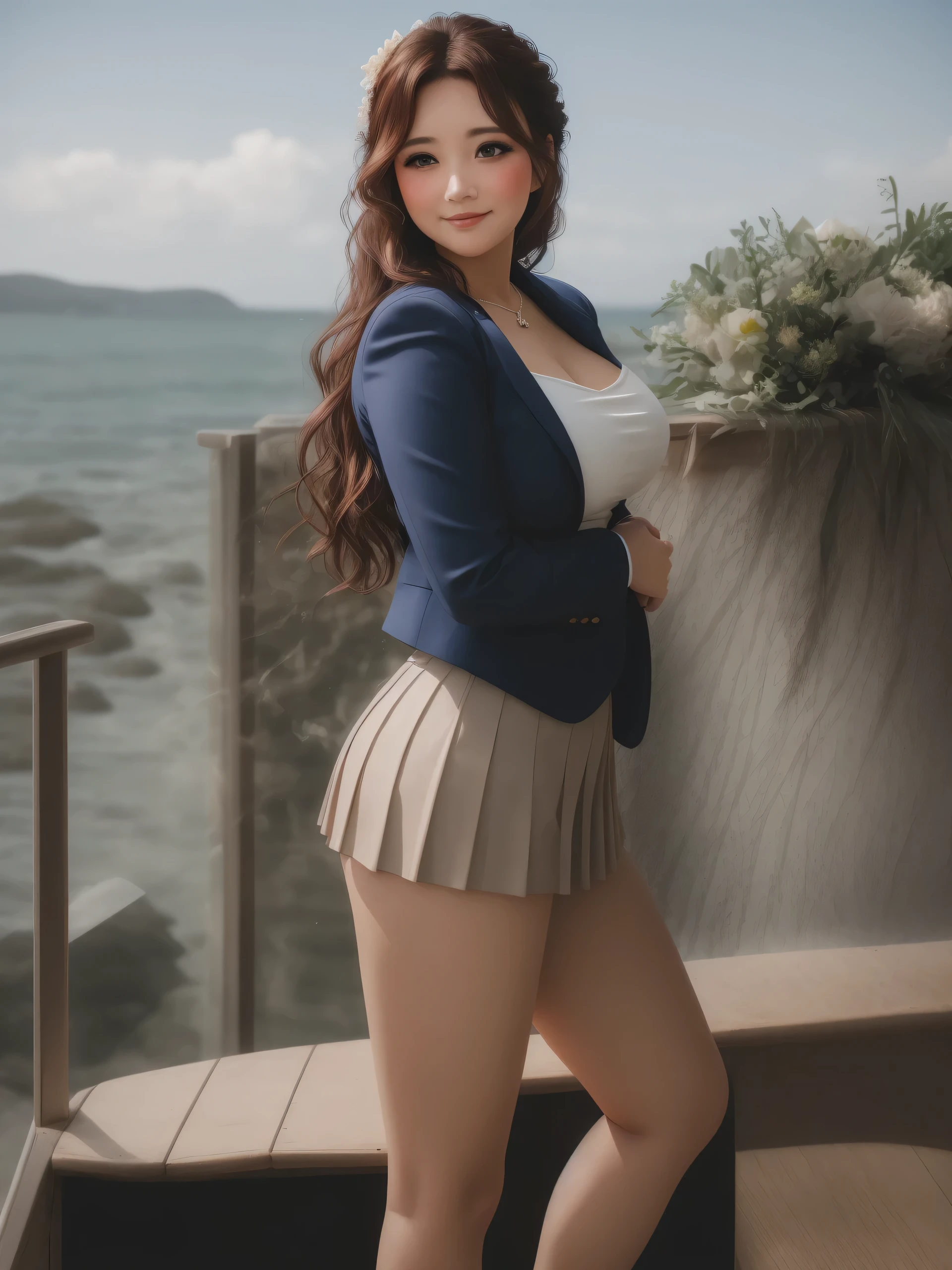 American woman, Intimate, face blush, red blushy cheeks, long wavy hair, feeling excited, beautiful thighs, in love, wearing wedding outfit with mini pleated skirt