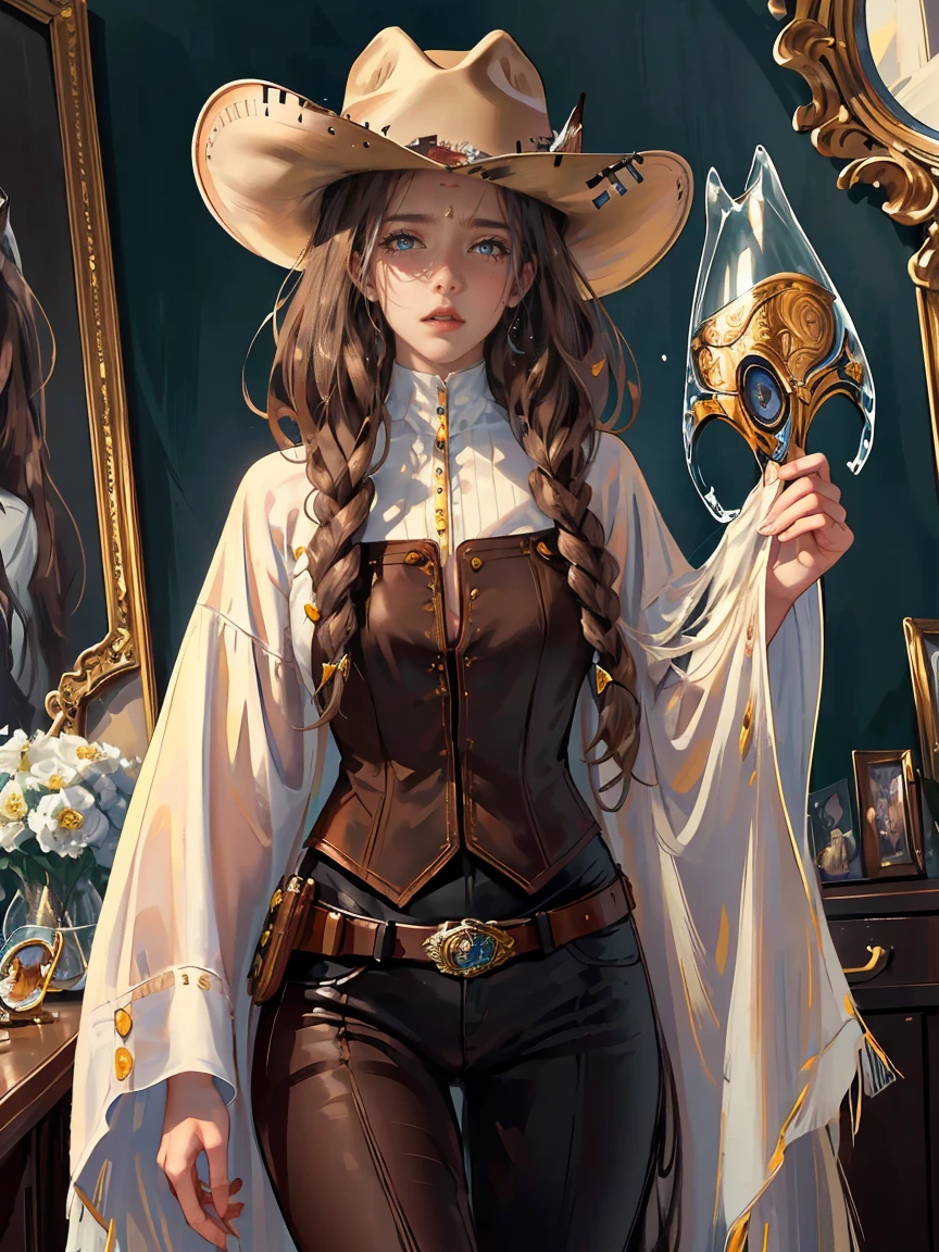 Long LIGHT BROWN hair, brown eyes, gloss lips, front look, close up, portrait, beautiful eyes, wearing a male white suit, big white, curly hair cut, clear skin, young 30 years girl, adult girl, solo, very long hair, ankle length hair, handsome older WOMAN,Hyperresolution,accuracy,Detailed rendering,(Image of fine hair)(topquality)(Masterpieces of masters)(High degree of completeness)(A sense of atmosphere)tmasterpiece,Super detailed and super detailed(((half-body portrait)))(((Older woman))) (((Western girl))), (((Cowgirl))) (((Cowboy hat))) (((Gunslinger)))(((Better hands)))(((Brown eyes)))(((White horse)))(((Holstered gun)))(((Sheriffs daughter)))(((Corset)))(((WAVY BROWN HAIR)))