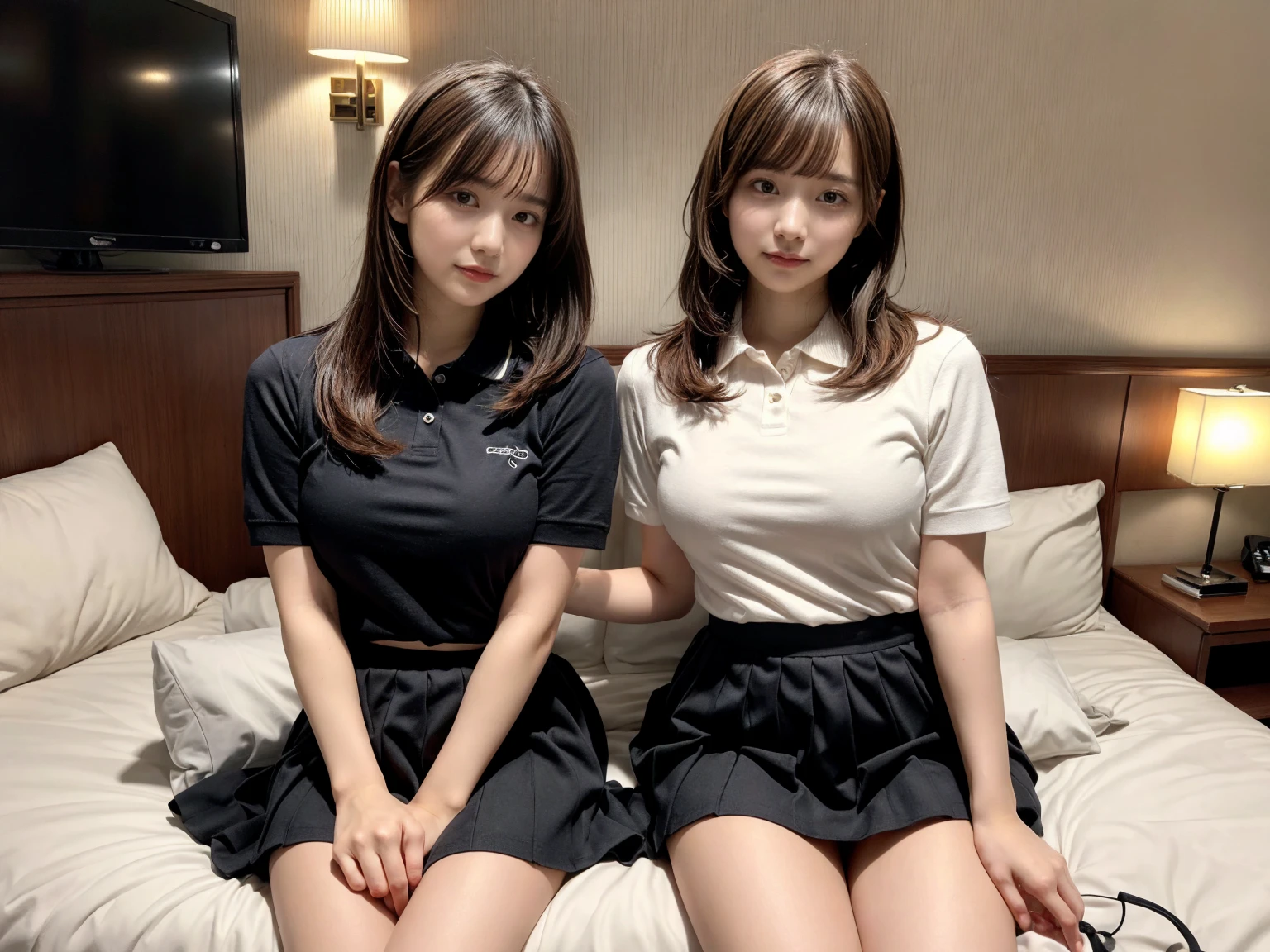 masterpiece, best quality, illustration, Super detailed, fine details, High resolution, 8K,wall paper, perfect dynamic composition,(Details High quality, realistic depiction of eyes:1.3), (2 girls), A tight polo shirt that expresses the roundness and softness of your chest., pleated mini skirt, sitting, open legs, short bob hair, in a hotel room in the background, deep on field, large breasts, black hair color, Big Natural Color Lip, (perfect body shape), crying a little、Harajuku style、20 year old girl、cute type、beautiful legs, Gravure Idol