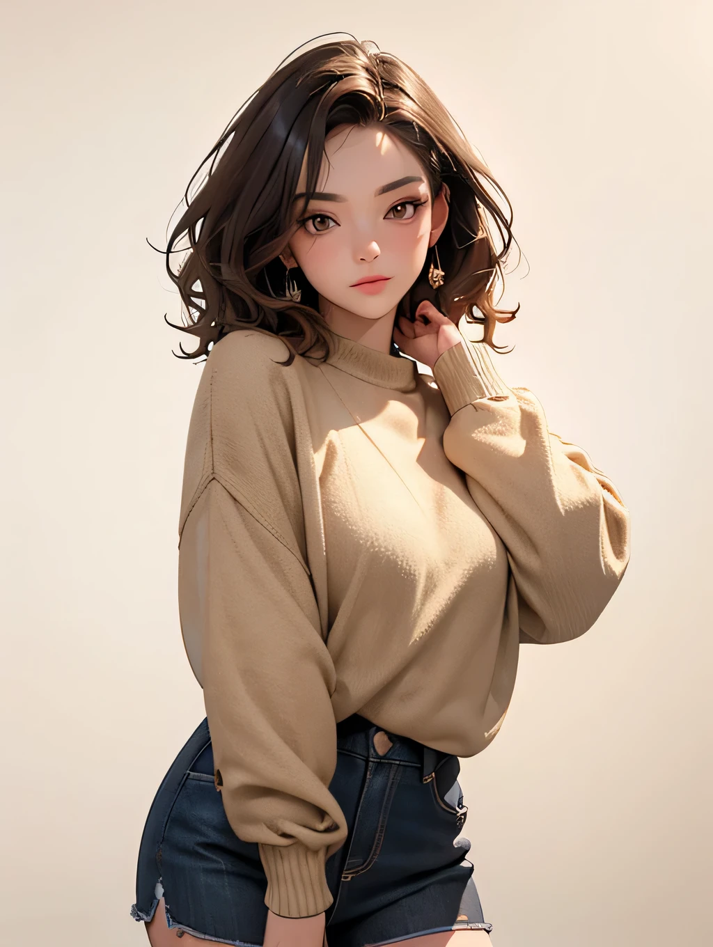 Girl, brown eyes, wavy short hair, vintage sweater oversized outfit, pose, masterpiece, 8K, 3D, brown vibes, aesthetic potrait, white color background.
