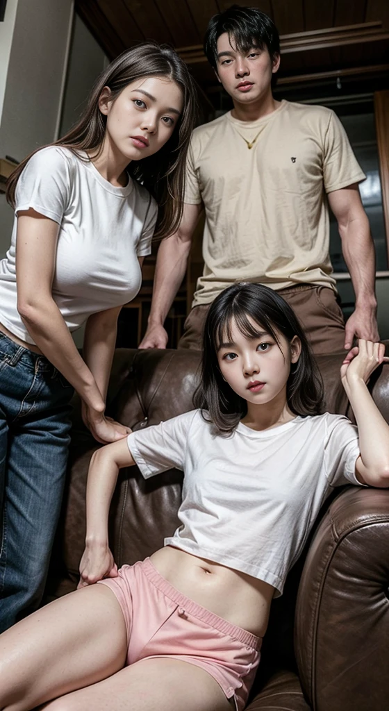 Old man, young mother, and  son Sitting in brown sofa. Old man wearing black jas and long pants, mother young Wearing short pink dress, white panties, thighs exposed, shoot from below, teen wearing white shirt, and long pants.