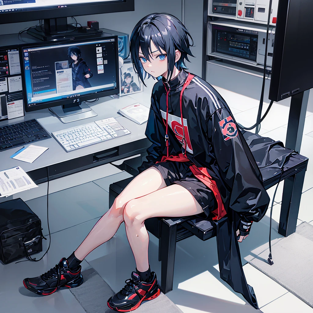 boy with black sasuke uchiha style short hair and blue eyes, sitting in front of a computer studying, with streetwear clothes, anime version, 3d
