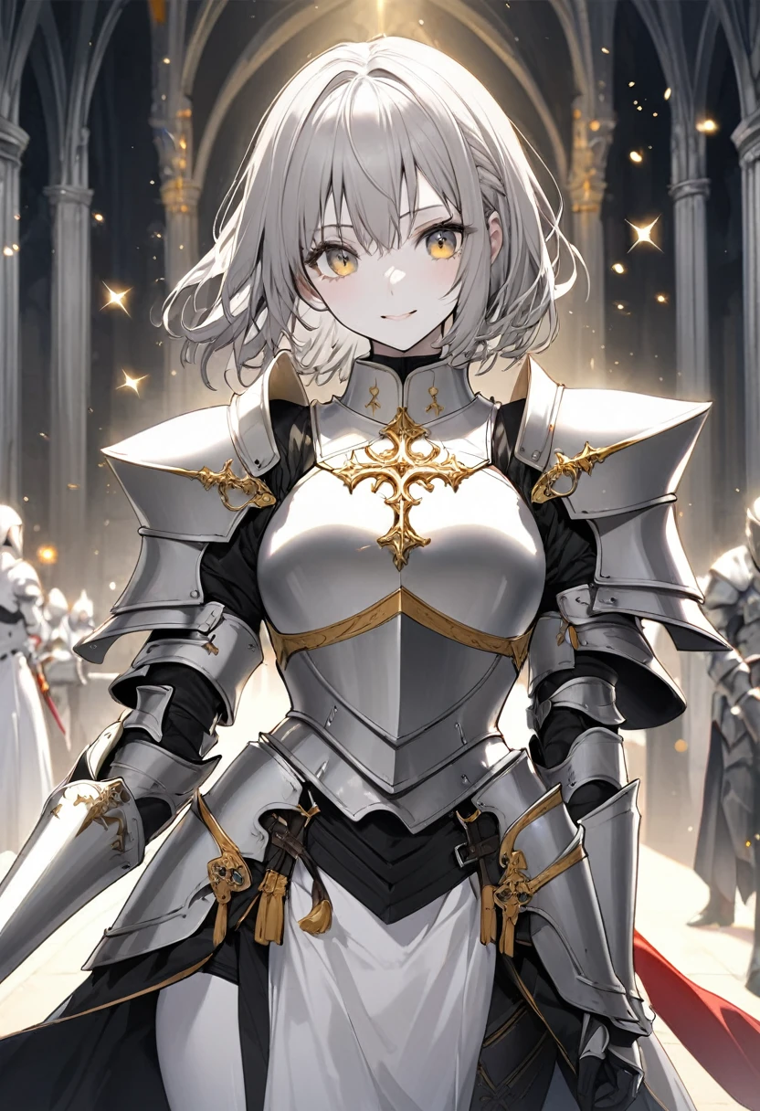 Gray medium hair、White skin、30-year-old female、Plate Armor、Holy Knight、saber、Sparkling Eyes、Gentle expression、Slender、tall、elegant