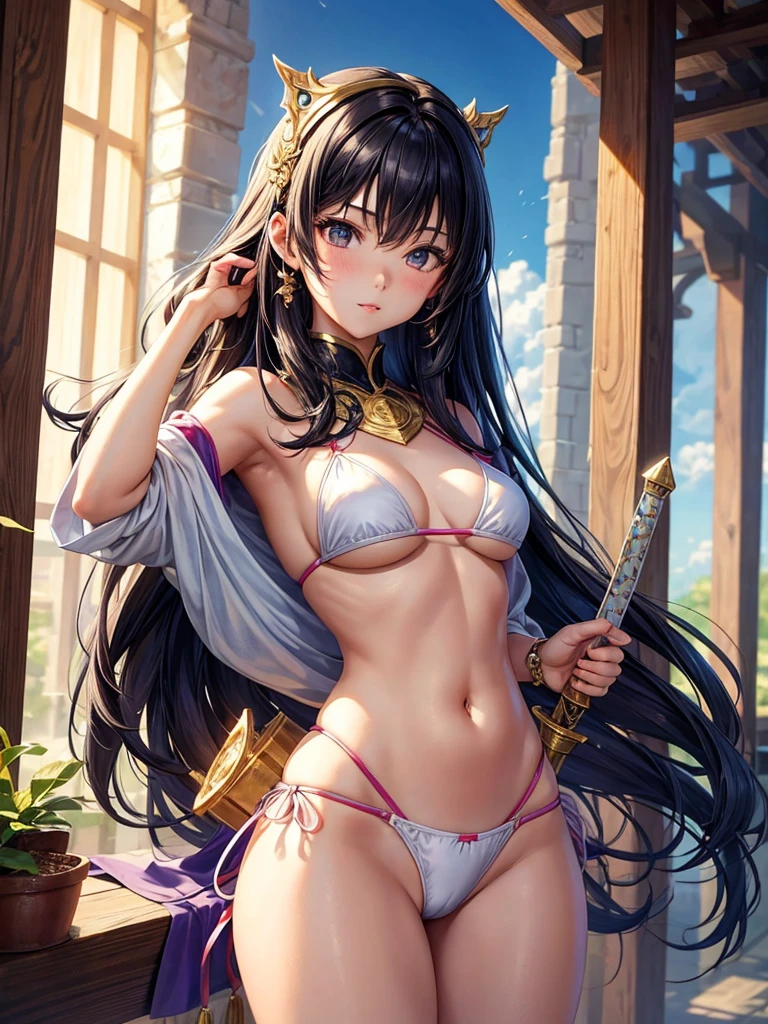 Beautiful Asian girl, 18 years old, light bikini knight girls, sexy lady, medium breasts, camel toe, long sword,
