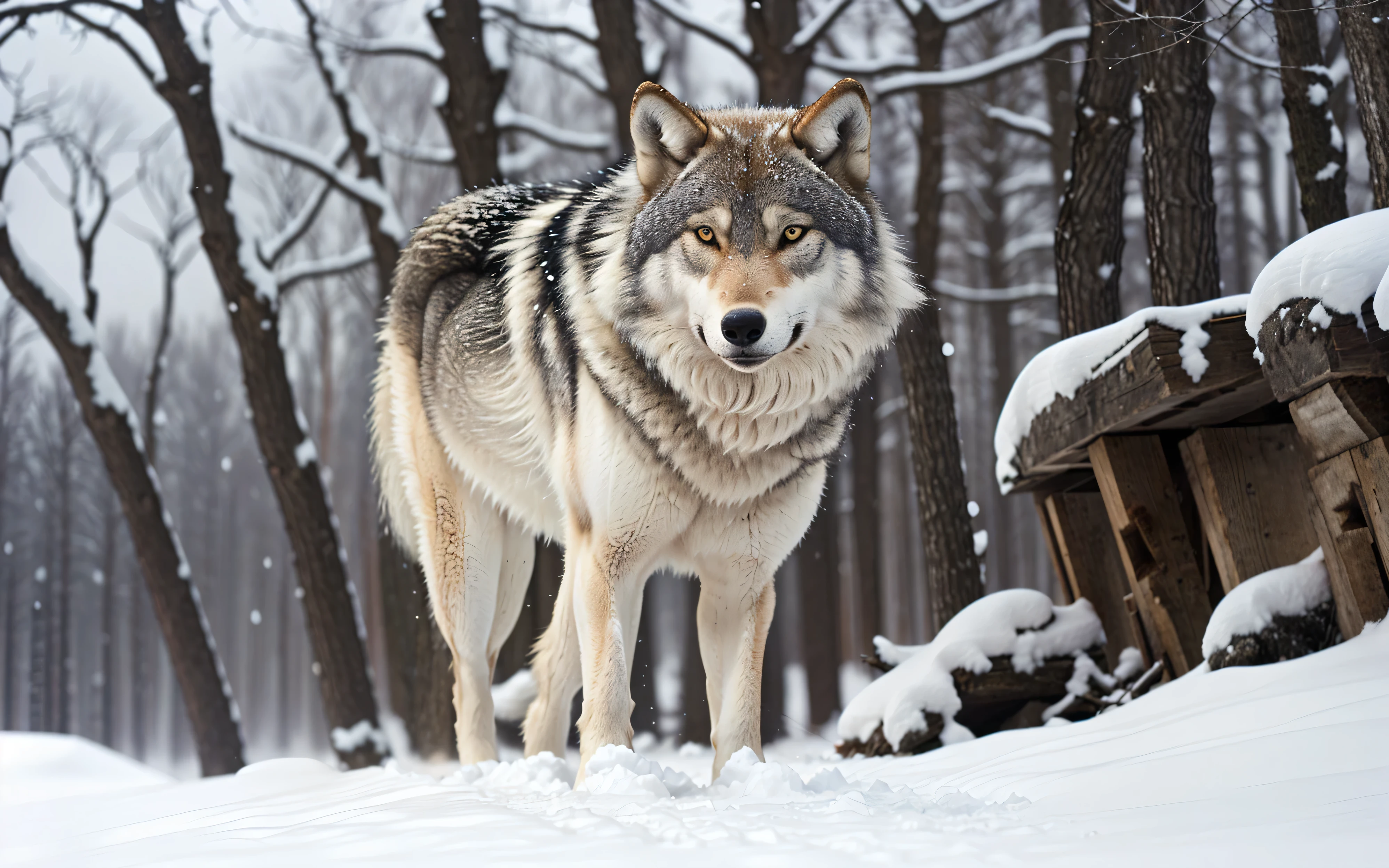 there is a Wolf standing in the snow in the woods, Wolf, Wolf in a snowfield, great Wolf, lone Wolf, portrait of a Wolf, photo of Wolf, Wolf, Wolf and their treasures, Staring at the audience, Focused gaze, Wolf portrait, wallp, Strong gaze, Serious look, Triumphant look, Wild look, Looking at the camera,Depth of Field