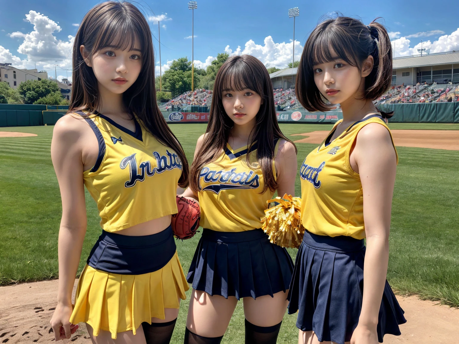 masterpiece, best quality, illustration, Super detailed, fine details, High resolution, 8K,wall paper, perfect dynamic composition,(Details High quality, realistic depiction of eyes:1.3), (3 girls), BREAK (cheerleader uniform with yellow as basic color:1.3), (holding a yellow pompoms in hand:1.4), (sleeveless yellow tunic with baseball team logo:1.4), yellow tops, (bold V-neck:1.3), ((Blue lines, black lines) on tops:1.3), ((fit and flare, A-line):1.3), (A-line yellow rah-rah skirt:1.3), mini skirt, (black socks:1.3), (sports shoes:1.2), sitting, open legs, short bob hair, in a hotel room in the background, deep on field, large breasts, black hair color, Big Natural Color Lip, (perfect body shape), crying a little、Harajuku style、20 year old girl、cute type、beautiful legs, Gravure Idol