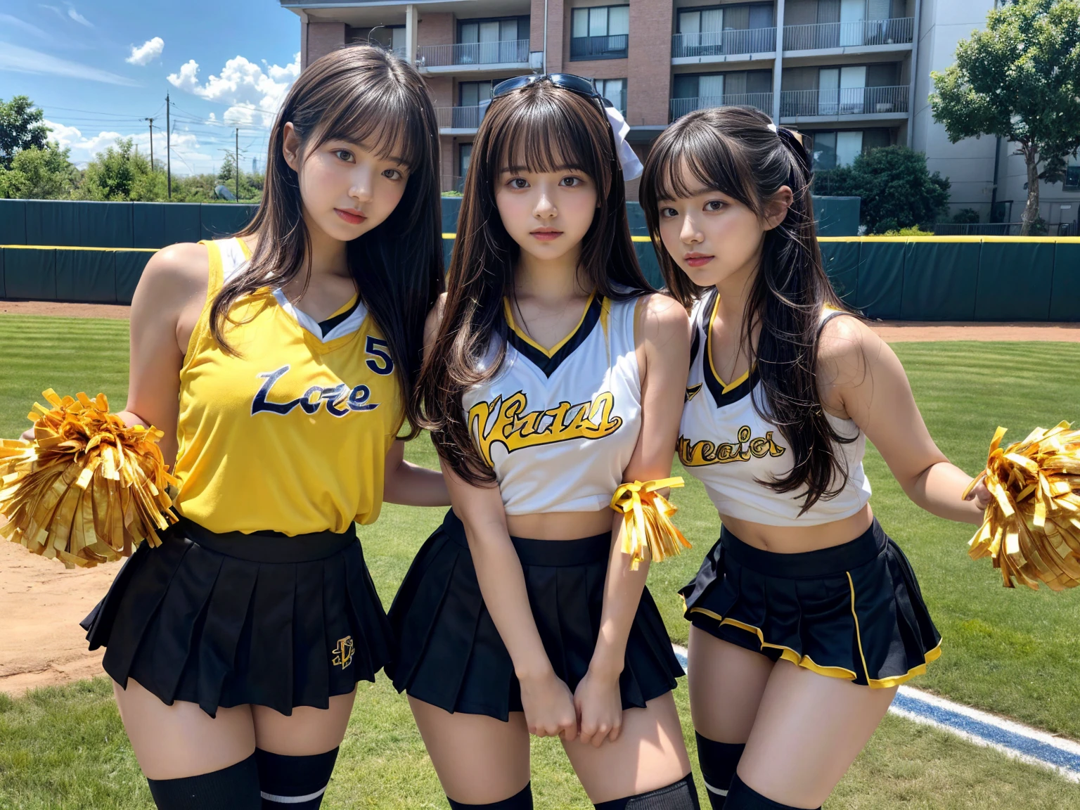 masterpiece, best quality, illustration, Super detailed, fine details, High resolution, 8K,wall paper, perfect dynamic composition,(Details High quality, realistic depiction of eyes:1.3), (3 girls), BREAK (cheerleader uniform with yellow as basic color:1.3), (holding a yellow pompoms in hand:1.4), (sleeveless yellow tunic with baseball team logo:1.4), yellow tops, (bold V-neck:1.3), ((Blue lines, black lines) on tops:1.3), ((fit and flare, A-line):1.3), (A-line yellow rah-rah skirt:1.3), mini skirt, (black socks:1.3), (sports shoes:1.2), sitting, open legs, short bob hair, in a hotel room in the background, deep on field, large breasts, black hair color, Big Natural Color Lip, (perfect body shape), crying a little、Harajuku style、20 year old girl、cute type、beautiful legs, Gravure Idol