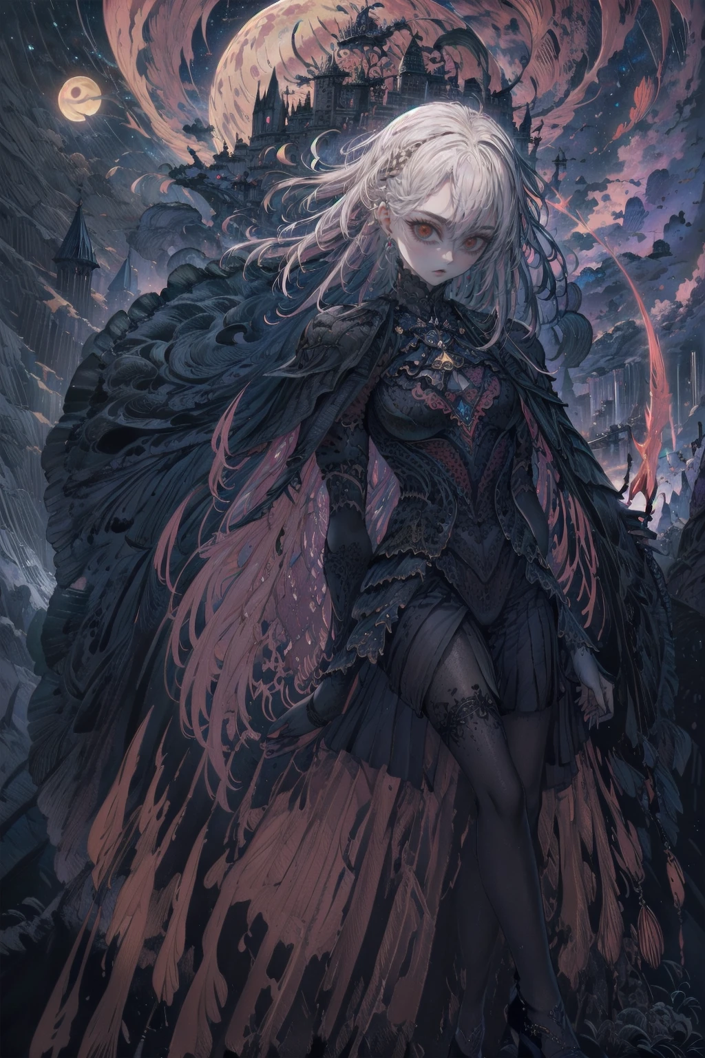 Attention to detail, Highest quality, 8k, [Super detailed], masterpiece, Highest quality, (Very detailed), Dynamic Angle, Ultra Wide Shot, Realistic, Dark Fantasy Art, Gothic art, Dark RPG Art, Realistic芸術, 女性の人間の聖職者のUltra Wide Angle写真, Grab the spear, Wearing a black cloak, Black leather suit, With star seal (intense details, masterpiece, Best details: 1.5), High heel boots, sacred symbols for casting spells, white magic seal (intense details, masterpiece, Best details: 1.5), Symbols of the stars and the moon, Blue light from the symbol, Blonde (intense details, masterpiece, Best details: 1.5), Long Hair, Braided hair, small, Strong Eyes, Green Eyes, Moon and stars background, (( Goth worship atmosphere)), moon light Attention to detail, Highest quality, High resolution, Ultra Wide Angle
