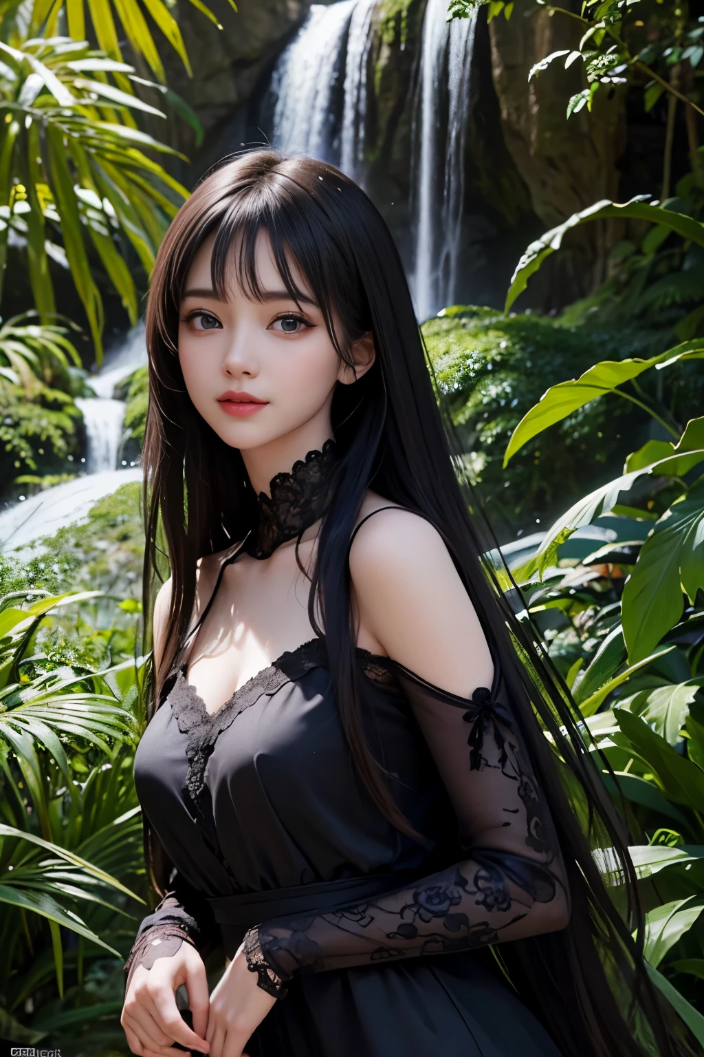 (ultra realistic) , (illustration), (increase resolution), (8K), (extremely detailed), (best illustration), (beautiful detailed eyes), (best quality), (ultra-detailed), (masterpiece), (wallpaper), (detailed face), 1 girl, black straight hair, slender body, delicate details, in the dark, deep shadow, low key, pureerosfaceace_v1, happy smile, summer dress, waterfall, rainforest